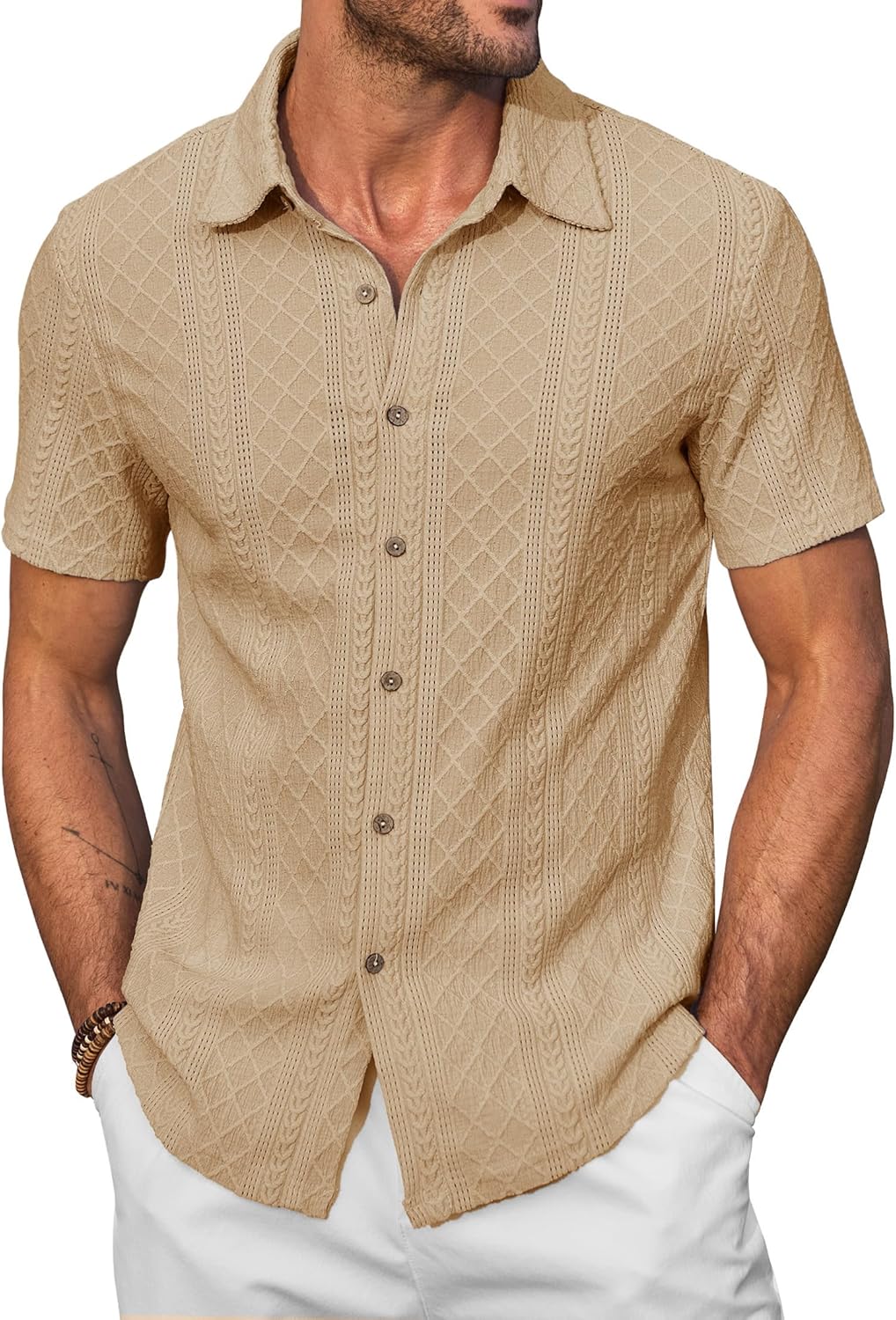 VOGSTART Men Crochet Textured Shirts Casual Short Sleeve Button Down Tops(S-XXL)