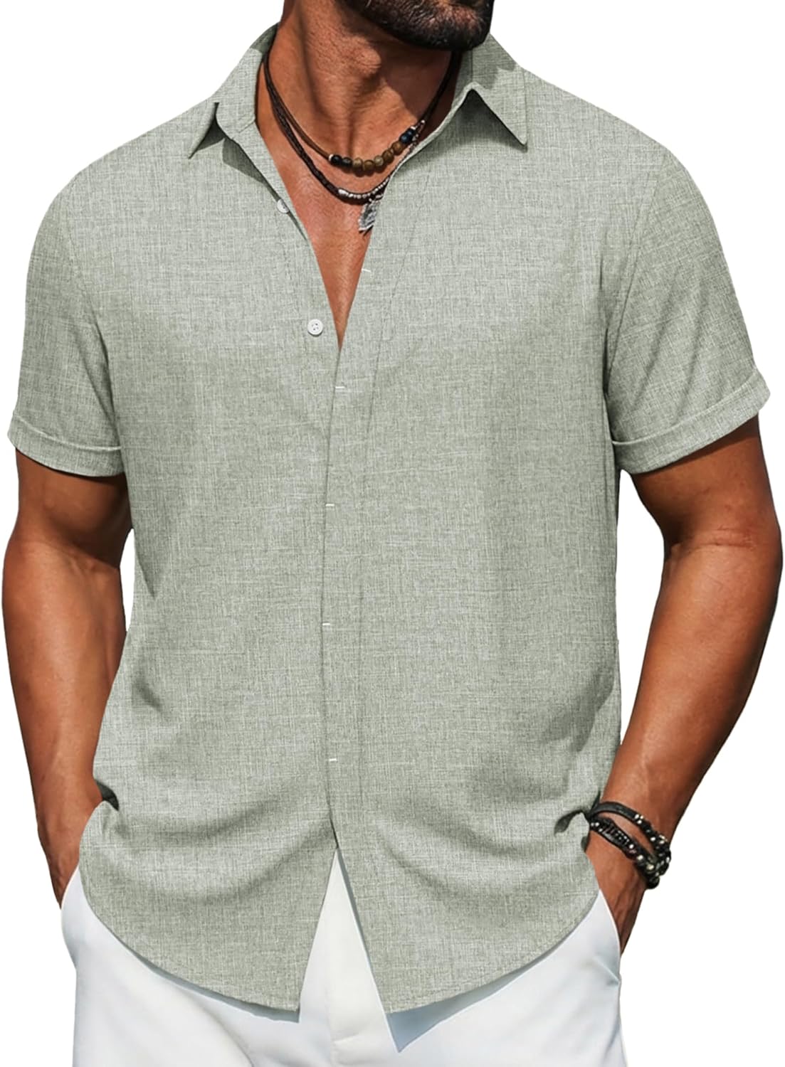 COOFANDY Men's Button Down Short Sleeve Shirts Casual Summer Vacation Shirts Linen Beach Wedding Shirt