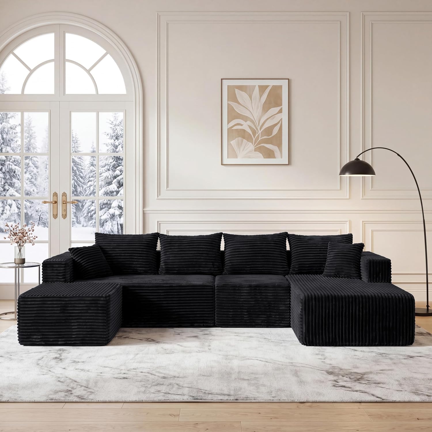 118" Modular Sectional Boneless Sofa with Chaise and Ottoman Oversized U-Shaped Corduroy Cloud Couch Deep Seat Couches Set for Living Room No-Assembly- Black (Right Facing Chaise)
