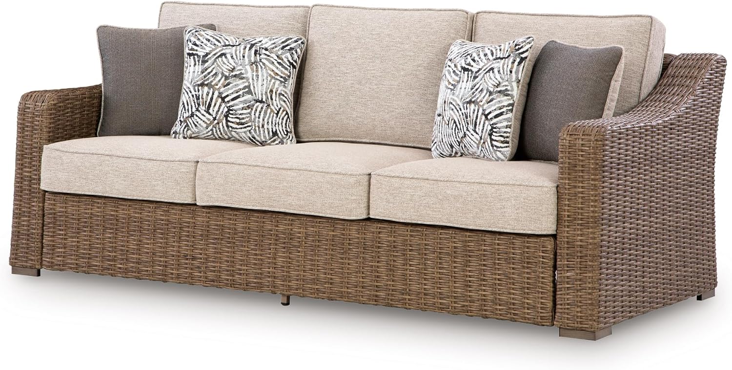 Signature Design by Ashley 3-Seat Outdoor Patio Couch, Handwoven Wicker | Outdoor furniture, Resin wicker over aluminum, Solution-dyed Nuvella fabric, 3-person capacity, Carmel Bay Series