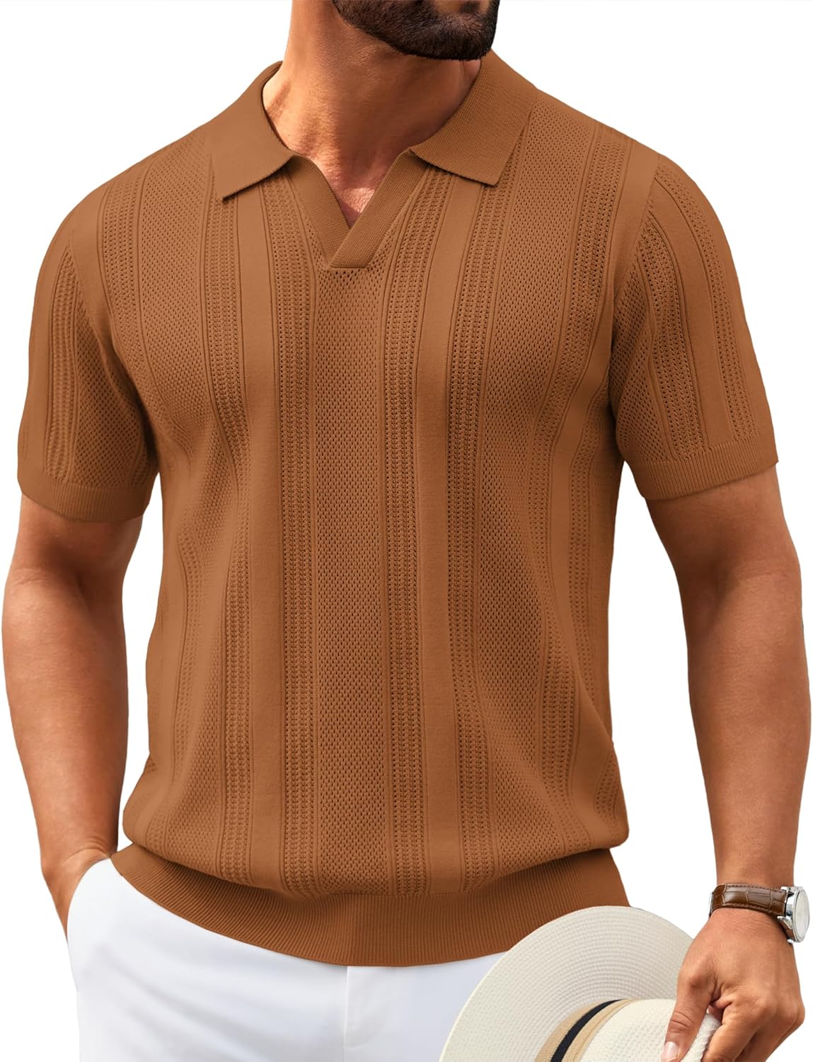 COOFANDY Mens Knit Polo Shirts V Neck Textured Polo Shirts Short Sleeve Breathable Polo Casual Collared T Shirt Fashion Tops