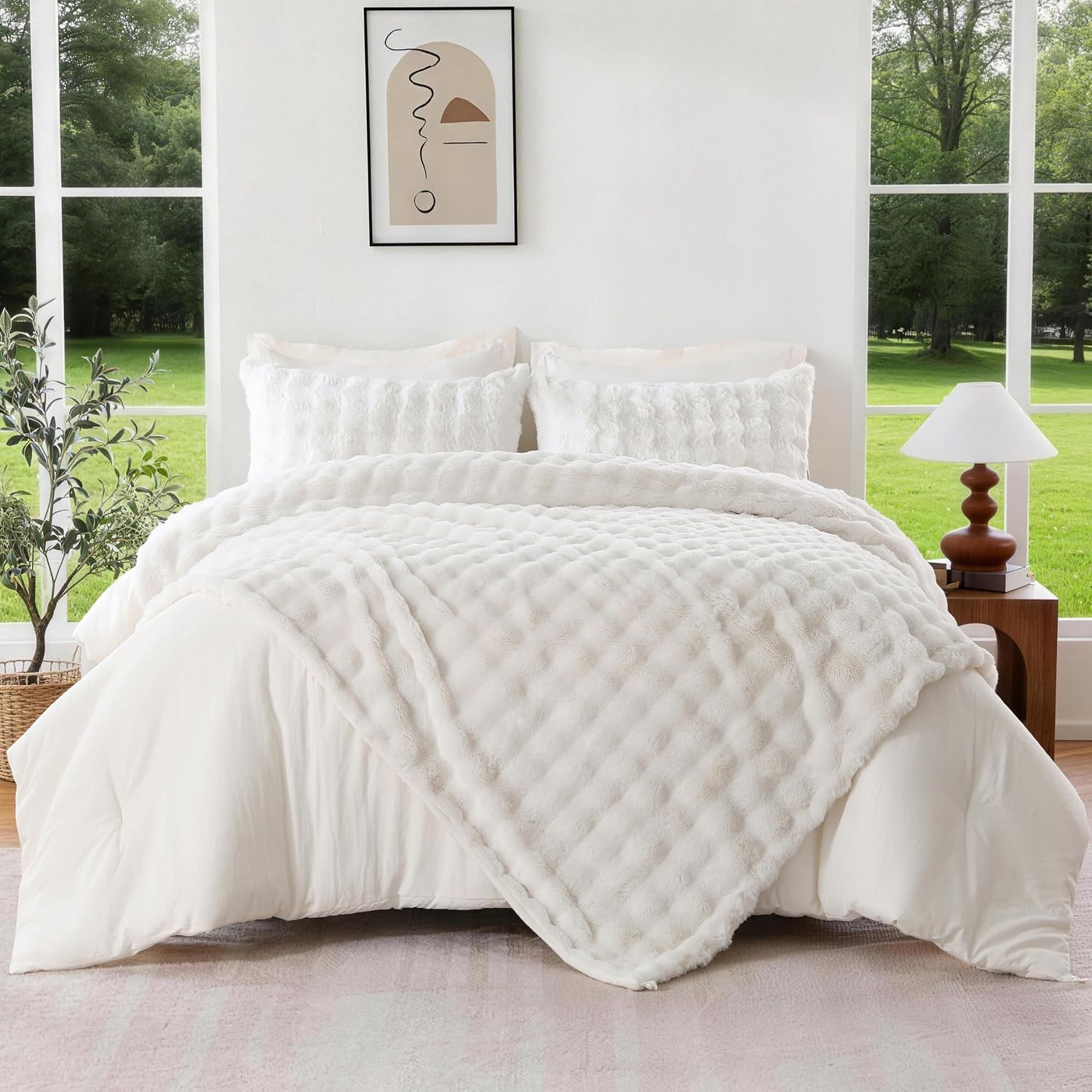 DOWNCOOL 2-in-1 Faux Rabbit Fur Queen Comforter Set, Cream White | 6-Piece Fluffy Bedding Set Includes a Detachable Plush Blanket, Comforter, 2 Pillow Shams & 2 Pillowcases | All Season