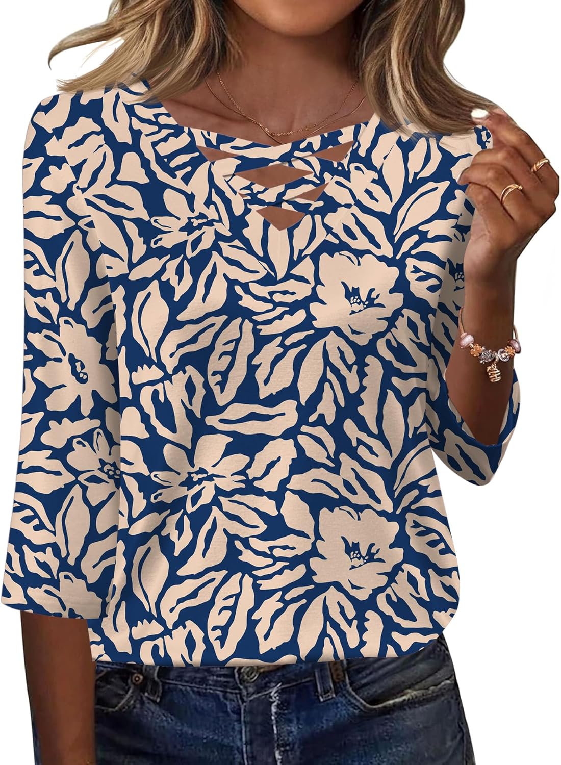 Rapbin Women Blouses Dressy Casual Spring Tops 3/4 Length Sleeve Womens T Shirts V Neck Criss Cross Tees