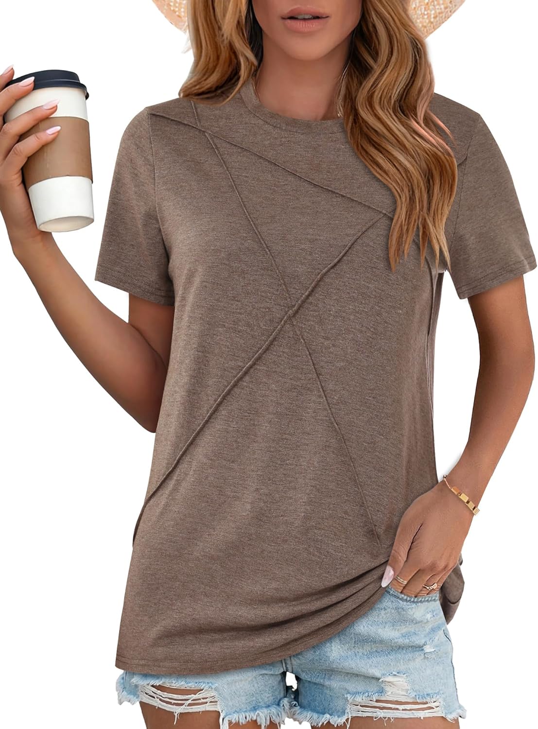 Womens Tops Casual Basic Short Sleeve T Shirts Business Summer Outfits Trendy Round Neck Pleated Blouses