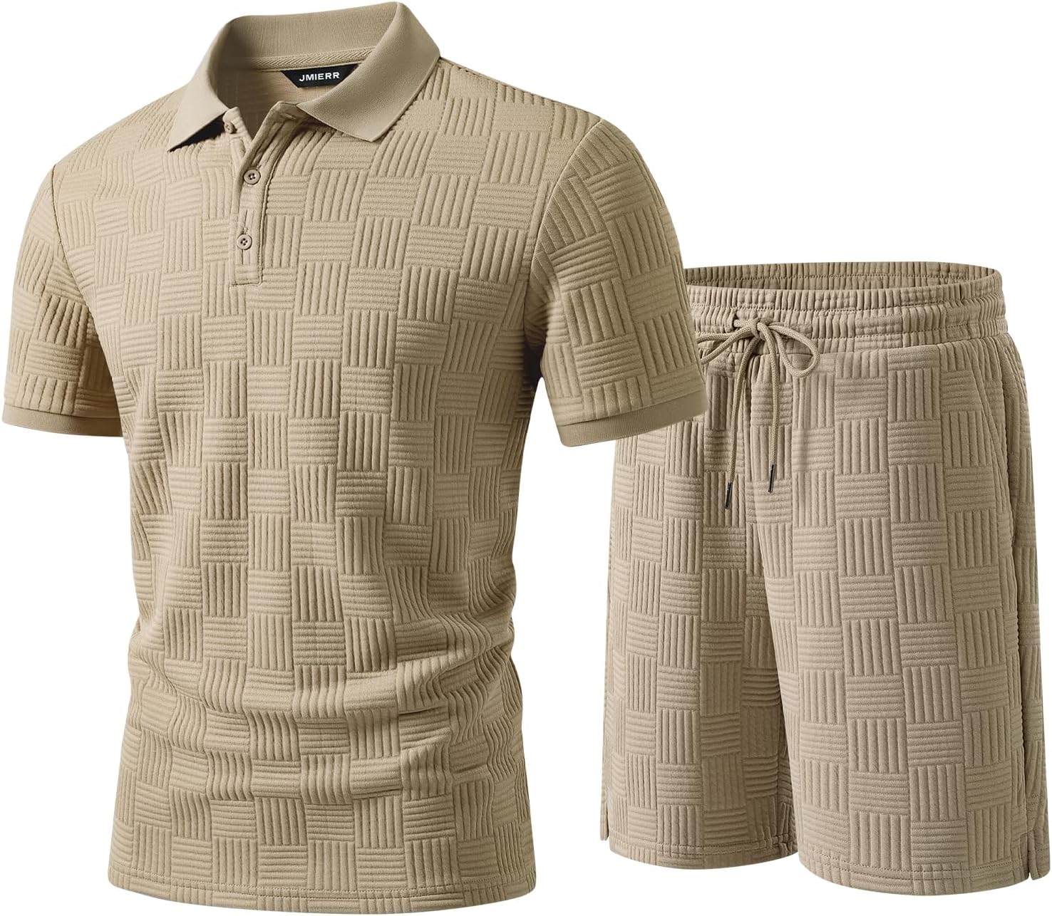 JMIERR Mens Sweatsuits Sets Summer Tracksuits 2 Piece Outfits Textured Short Sleeve Golf Polo Drawstring Short