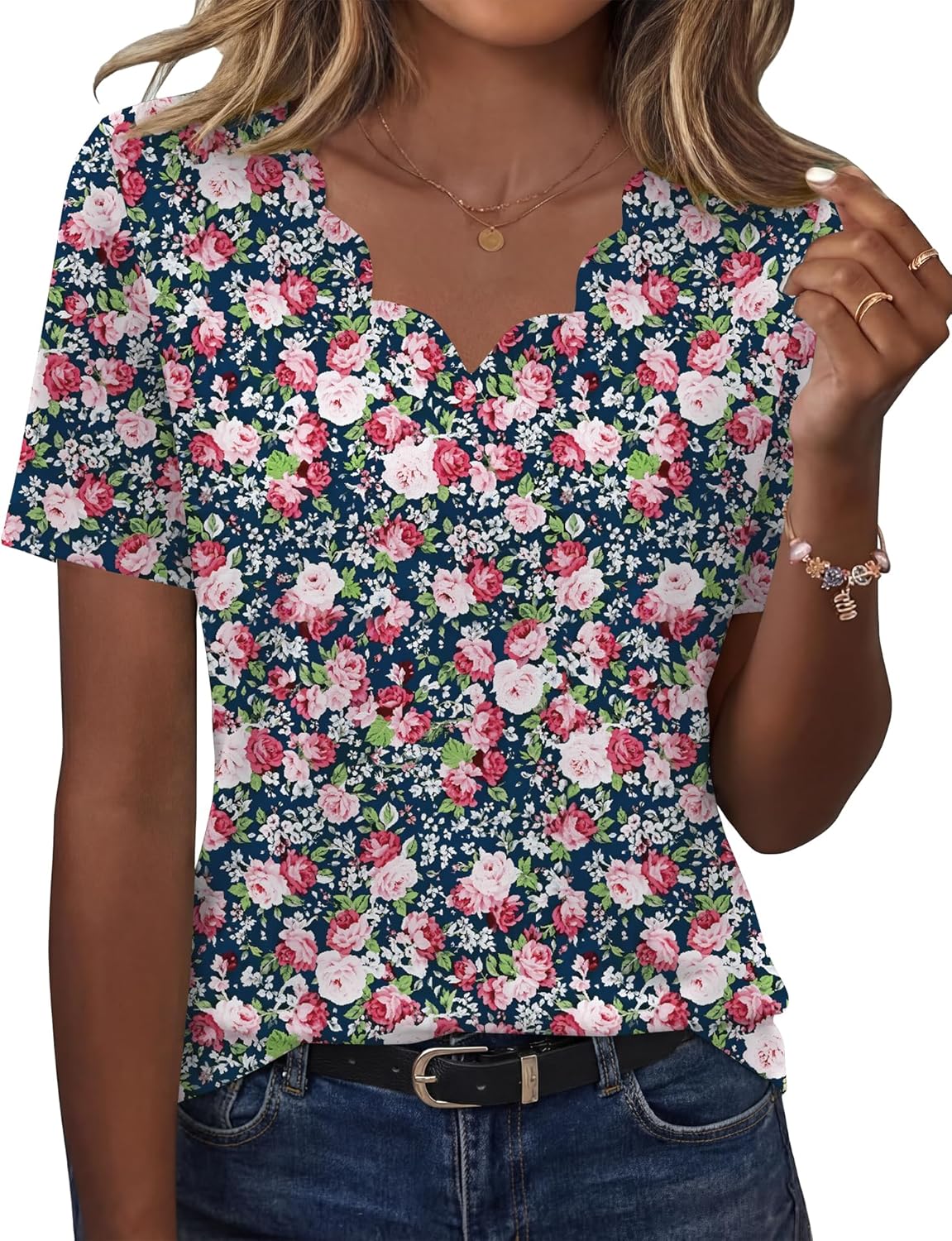 LOMON Womens Summer Tops V Neck Short Sleeve Shirts Dressy Casual Tunic Blouses Summer Fashion