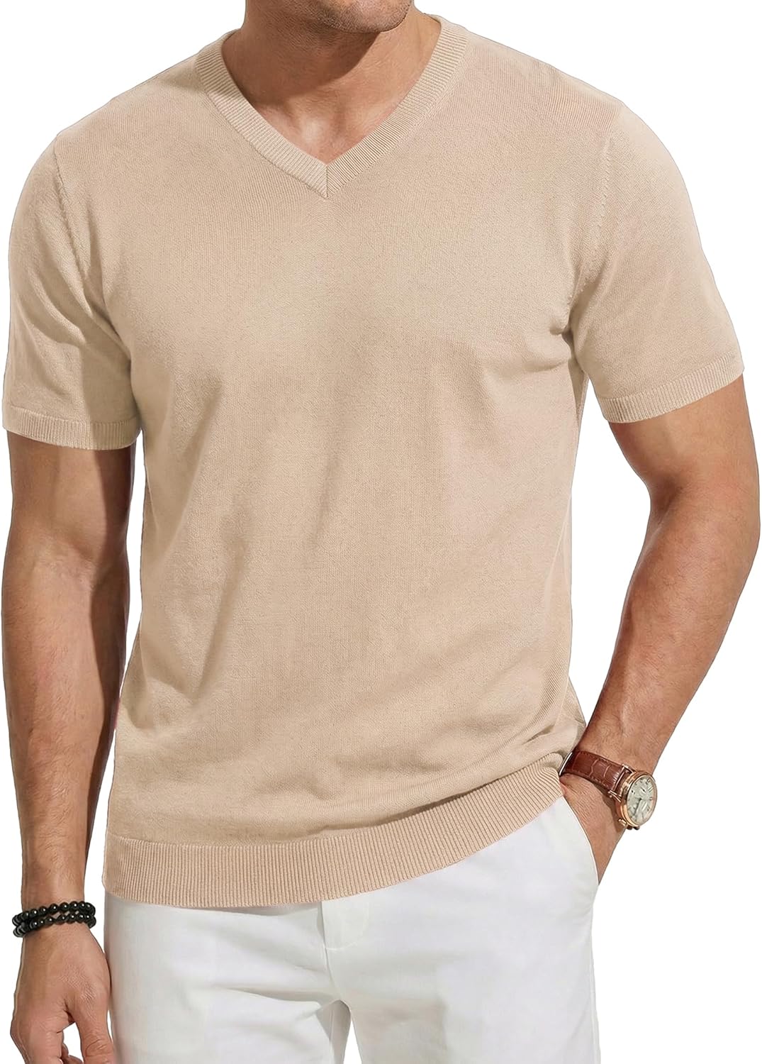 JMIERR Men's Wool Blend Short Sleeve V-Neck Sweater Soft Textured Knit Pullover for Business Casual Wear