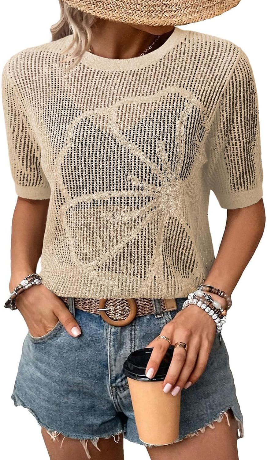 Dokotoo Womens Summer Short Sleeve Crochet Tops Hollow Out Floral Sweaters Beach Vacation Cruise Outfits