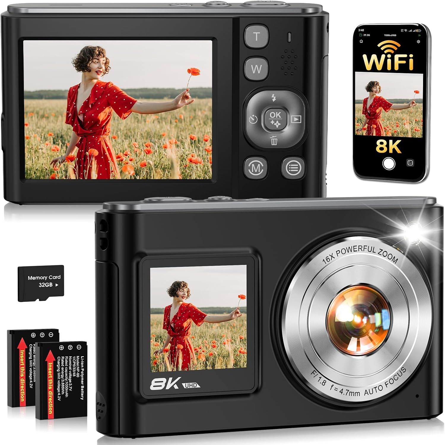 8K Digital Camera for Photography,96MP WiFi Dual Screens Vlogging Camera | Autofocus,16X Zoom,Anti-Shake,Compact Point and Shoot Camera for Teens,Beginners,Travel,32GB Card,2 Batteries
