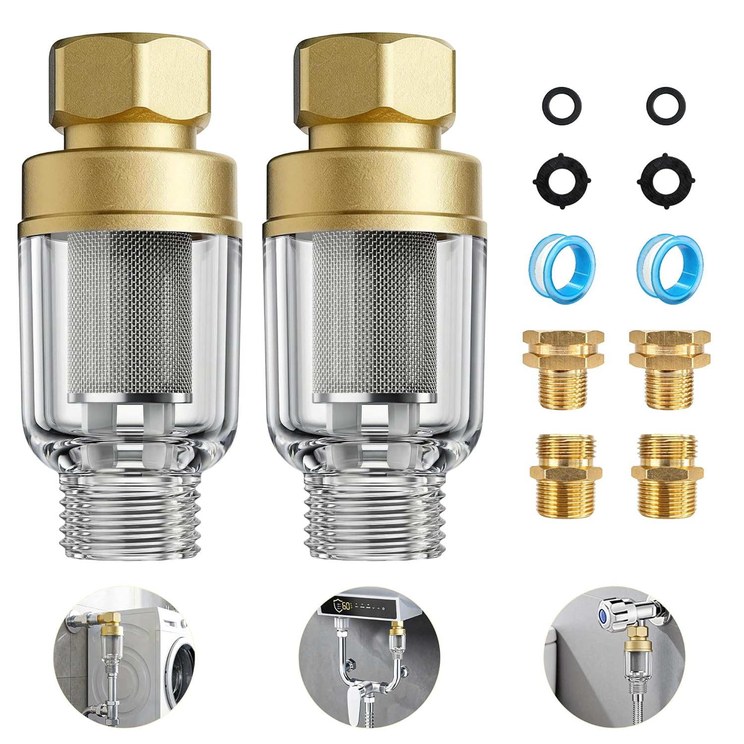 2-Pack Brass Sediment Filter, Reusable Washing Machine Water Filter, 50 Micron, Anti Scale, Anti Clothes Yellow, Water Heater, Garden, RV, Traps Rust/Mud/Sand, Mini