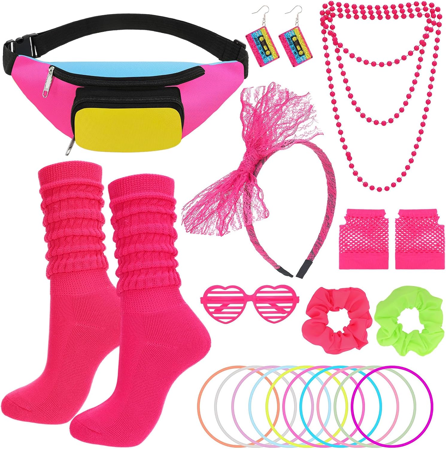 80s Costume Accessorie Set, Neon Retro Kit for Party Halloween | Vintage Complete Kit, One-Size Adjustable, for 80s Theme Party, Halloween, and Retro Events