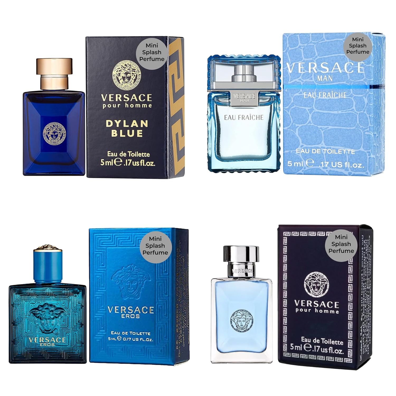 Versace Cologne for Men Set of 4 Mini Eros, Pour Homme, Dylan Blue, Eau Fraiche Perfume for Men Fragrance Sampler Set - Designer Mens Cologne Samples (4 Count, 0.17 oz) | Includes Pour Homme, Designer