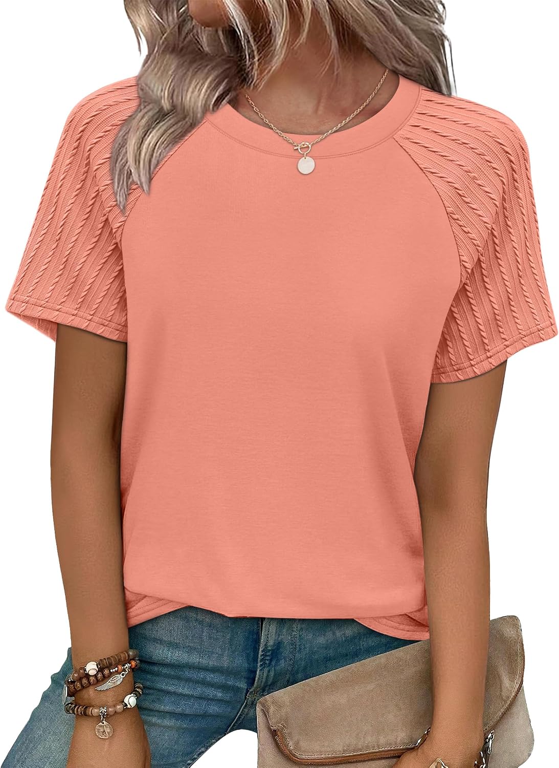 WIHOLL Summer Tops for Women 2026 Trendy Short Sleeve Shirts Crew Neck Tops Curved Hem Fashion Clothing