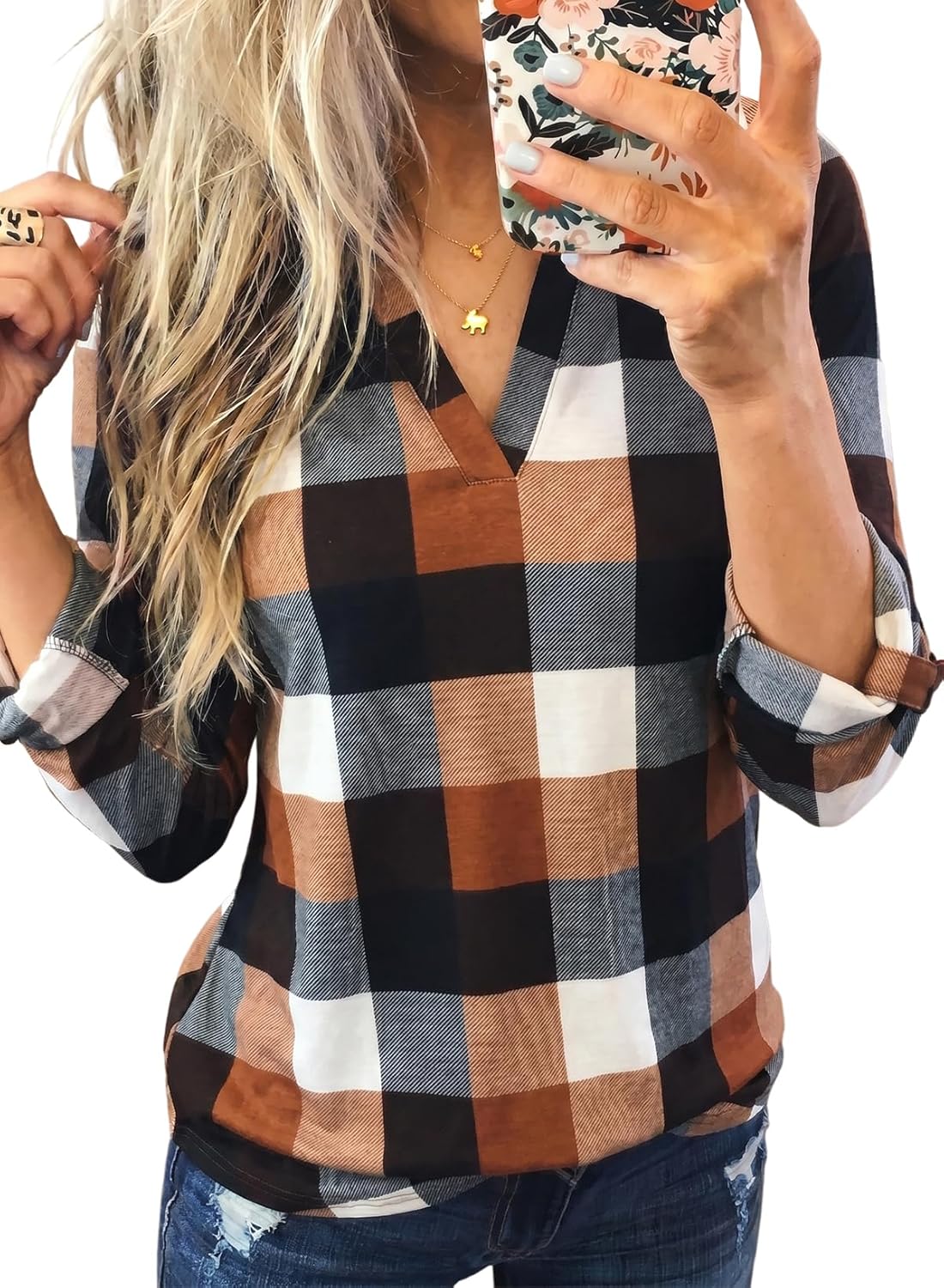 Dokotoo Womens Tops Plaid Cotton Cuffed 3/4 Sleeve Shirts Blouses | Basic,V Neck,Work Tops,Tunic Blouses,Business Casual Outfits,Loose Fit,Tunic,Fall,Winter,Dressy,Office
