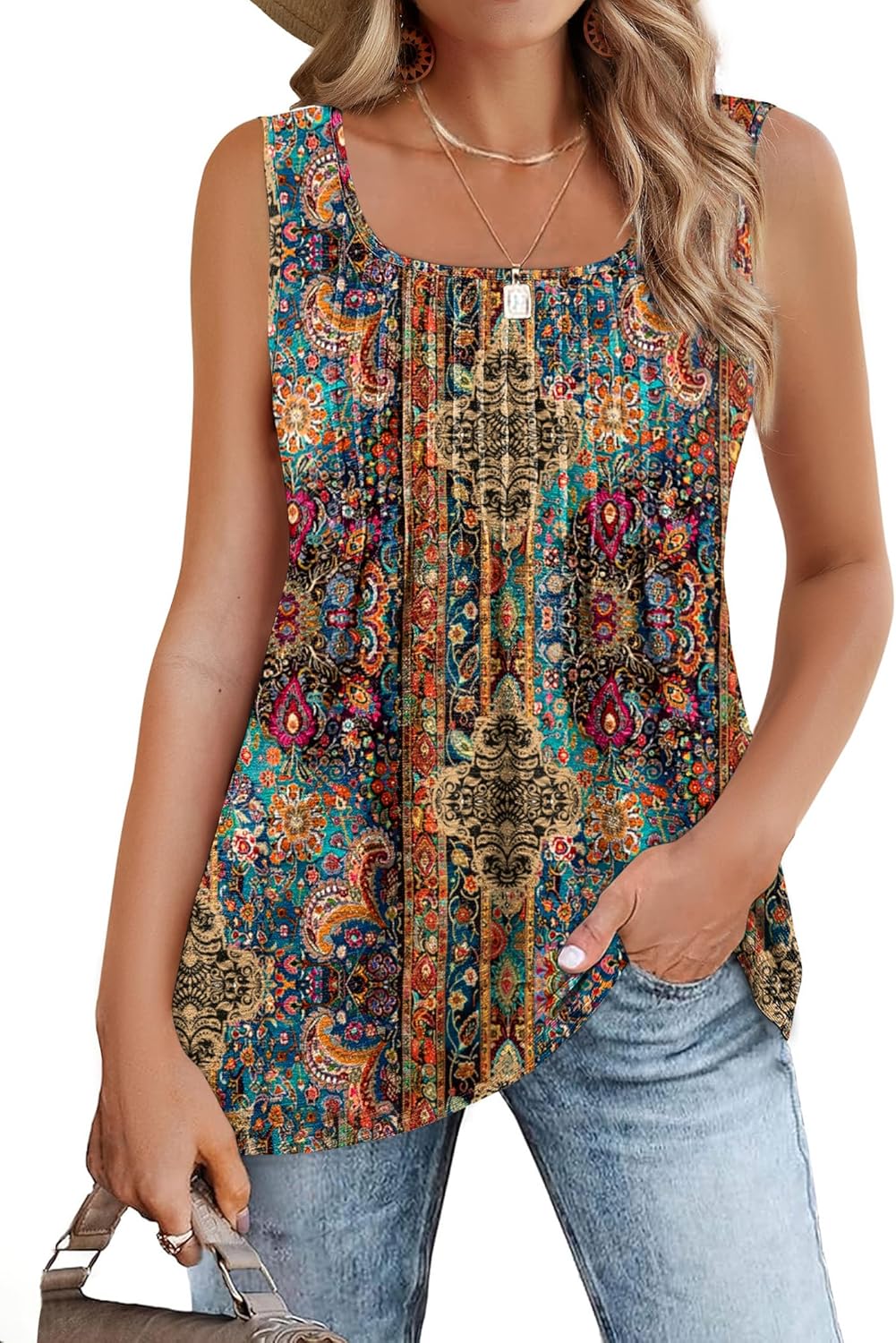 Zeagoo Women's Summer Tank Tops 2026 Pleated Square Neck Loose Fit Casual Flowy Tunic Sleeveless Shirts