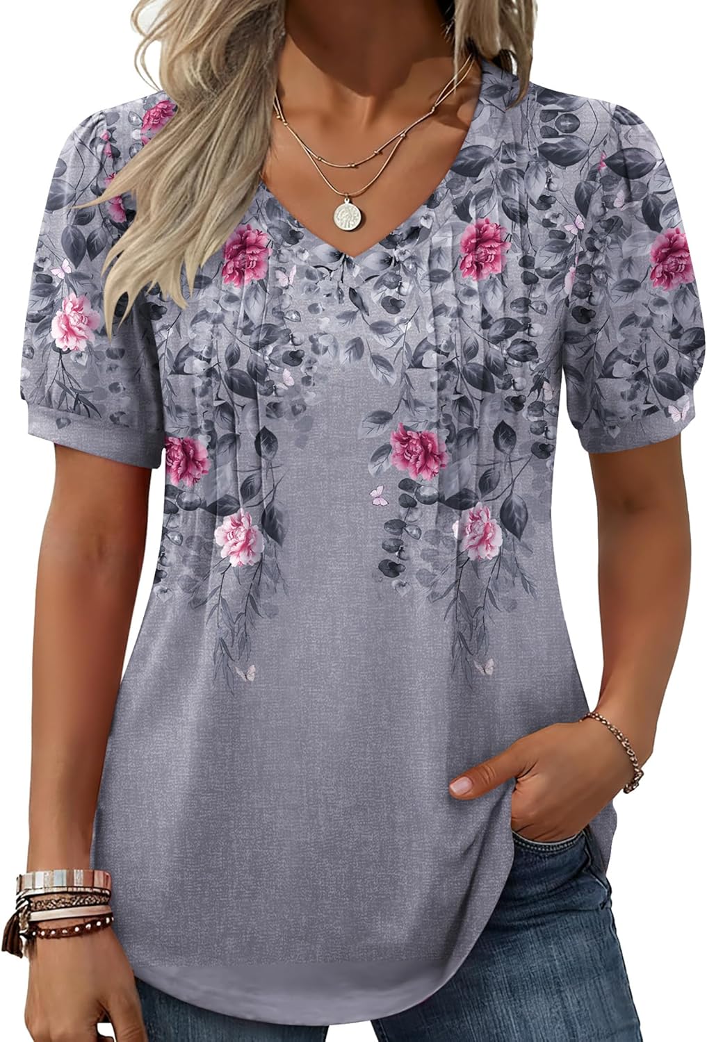 Zeagoo Women's Puff Short Sleeve Boho Shirts Casual V Neck Floral Solid Summer Blouse Pleated Tunic Top