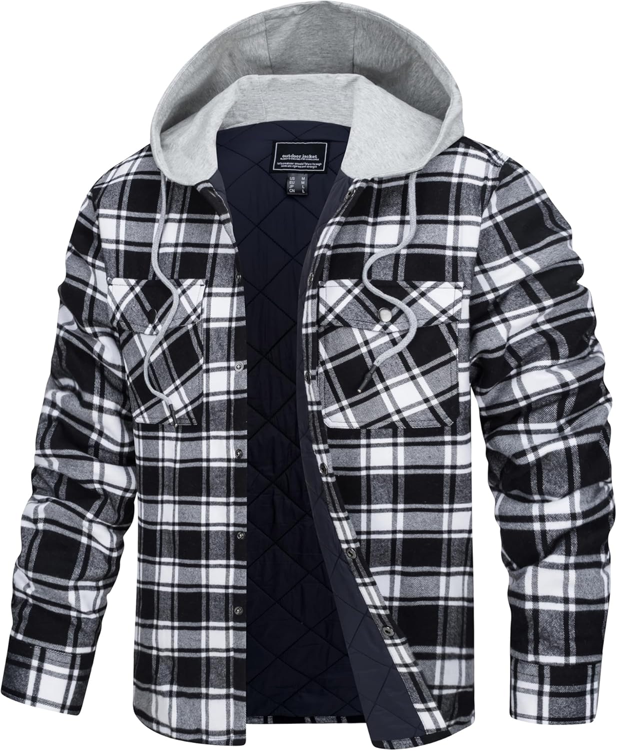 TACVASEN Men's Hooded Plaid Flannel Shacket Quilted Lined Warm Jacket | Thick Cotton Fabric, Button Chest Pockets, Relax Fit Top for Winter Commute, Camping, Hiking Wear