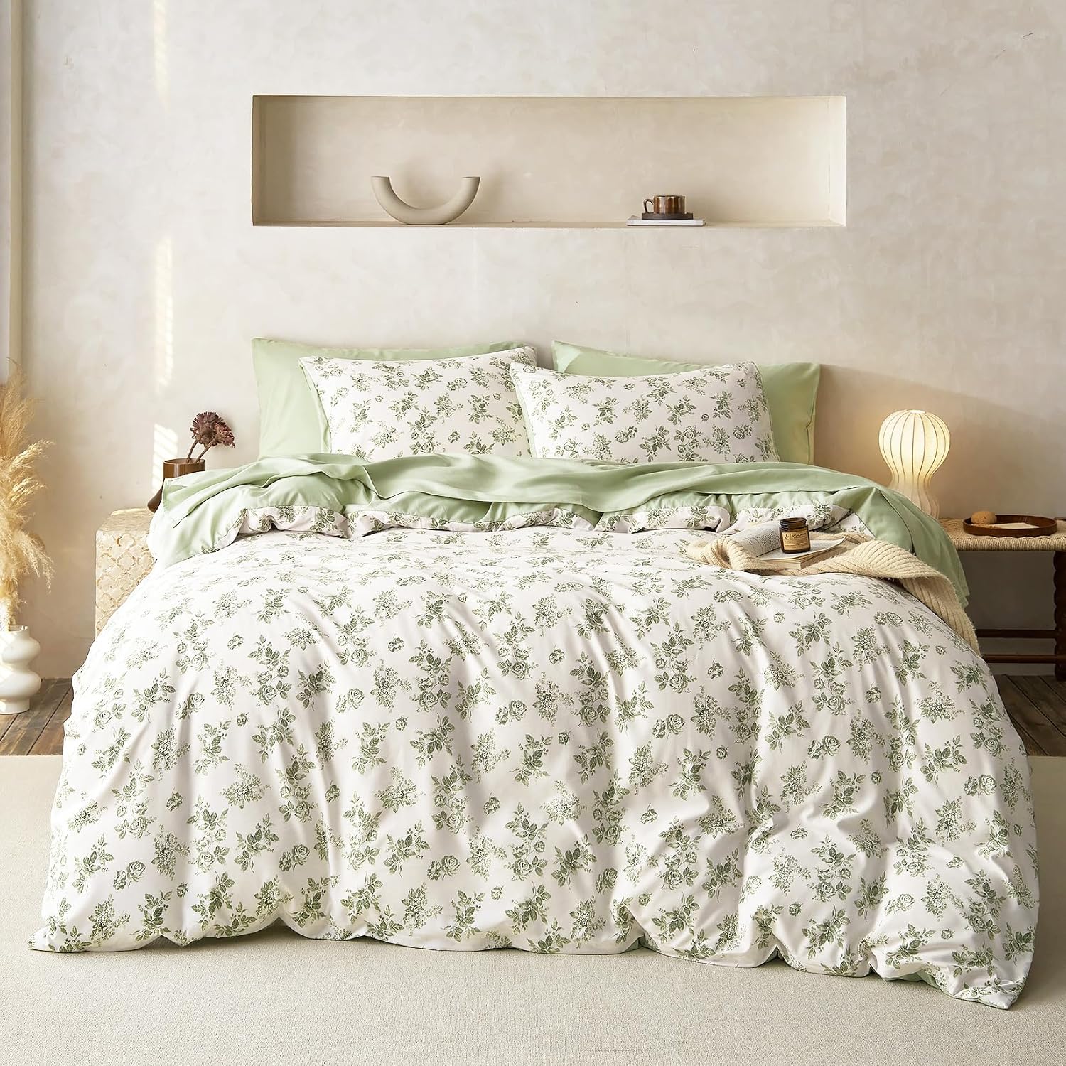 Wake In Cloud - Cottagecore Comforter Set with Sheets, Floral Vintage Flower Shabby Chic Coquette Aesthetic for Women Teen Girls, 7 Pieces Bed in a Bag, Sage Green, Full Size