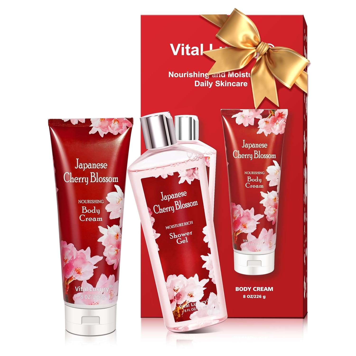 Japanese Cherry Blossom Bath and Body Set Shower Gel and Body Cream - Nourishing and Moisturizing Daily Skincare - 8 fl.oz / 236mL Each, Birthday Anniversary Wedding Gifts for Her and Him