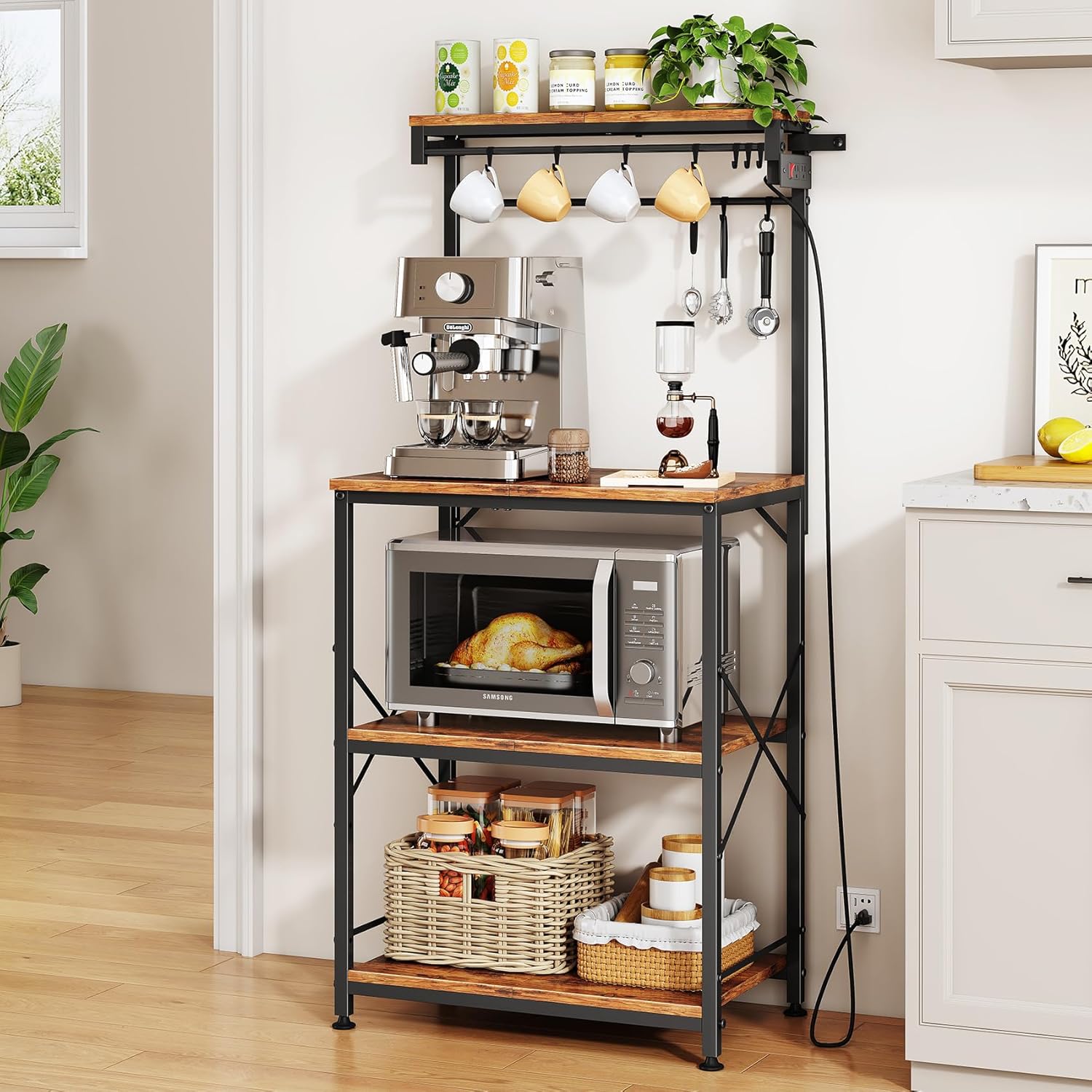 SNTD Bakers Rack with Power Outlet, Kitchen Shelves Microwave Stand with Wire Grid and 10 Hooks, 4 Tiers Coffee Stand (Rustic Brown, 21.7 x 14.2 x 49.6 Inches)
