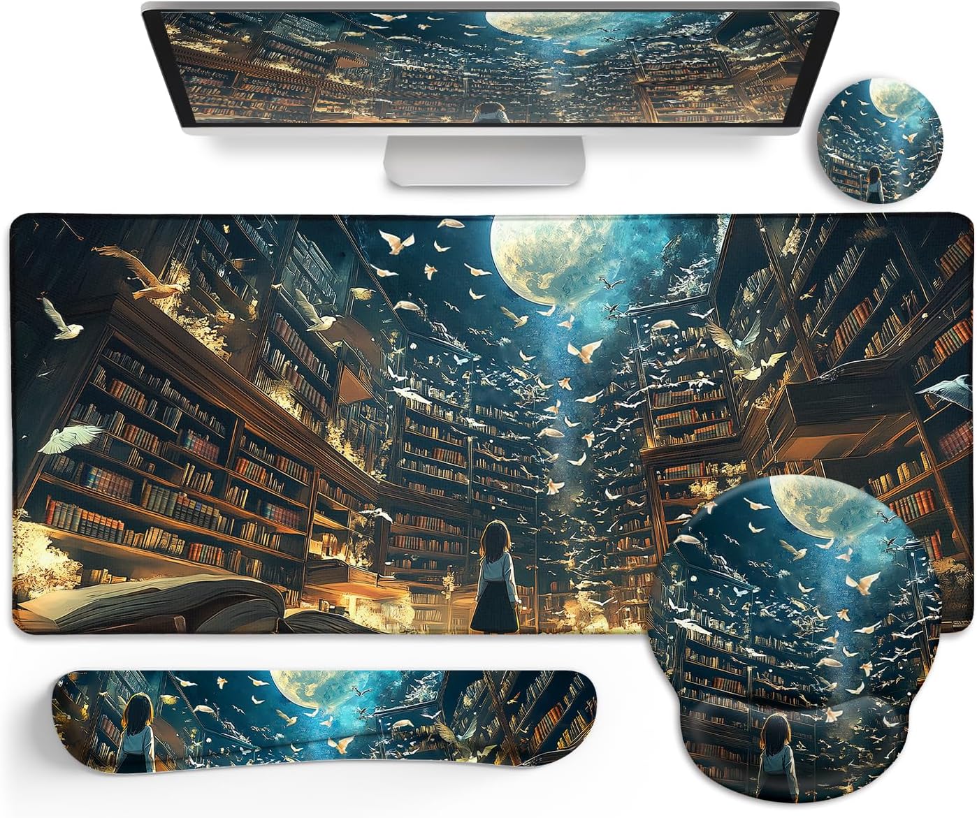 LIMKRIAN Anime Book Mouse Pad Set Large Desk Matt for Desktop Decor | Ergonomic Mouse Pad Wrist Rest, Gaming Computer Mat Keyboard Wrist Support, Coaster, Home Office Desk Accessories for Women
