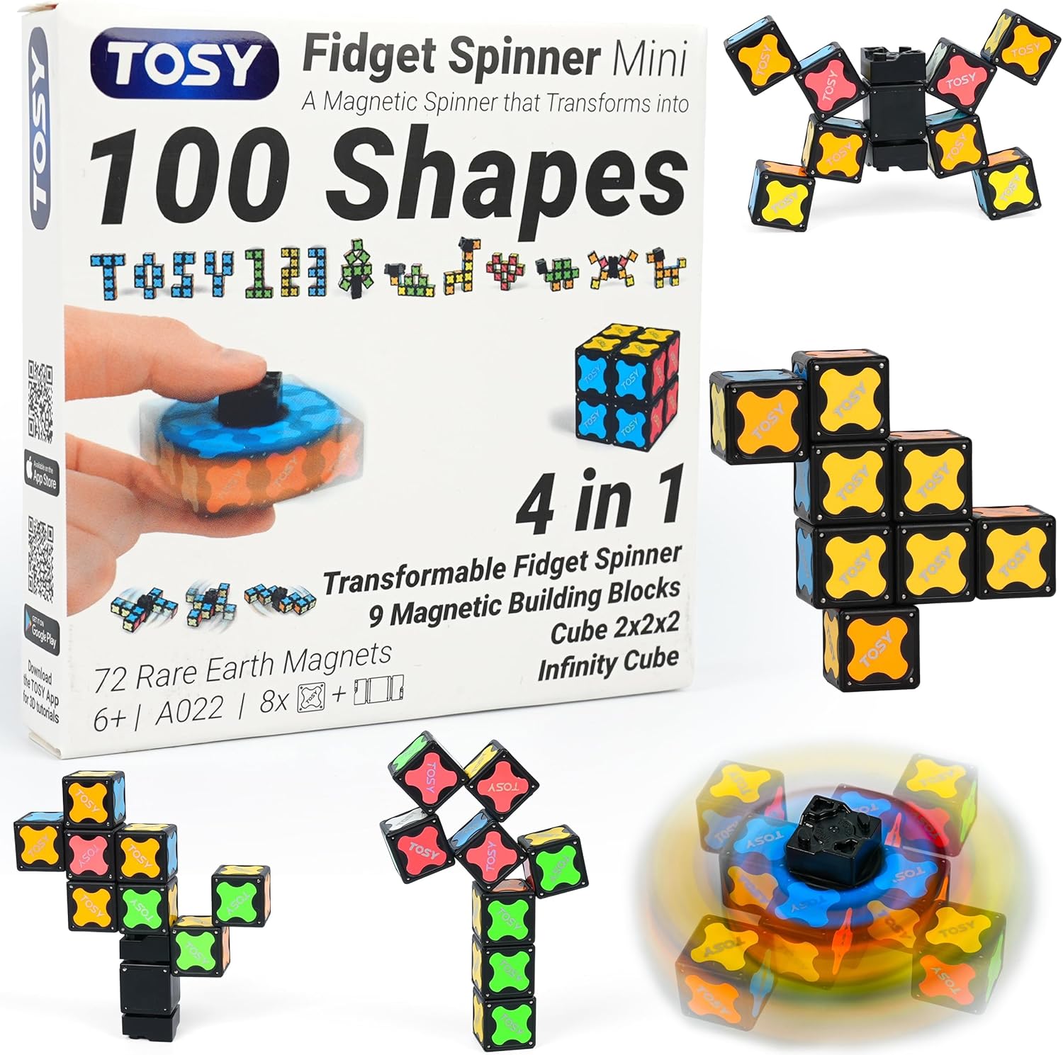 TOSY Magnet Fidget Spinner Mini - 8 Blocks, 3 in 1 Toy: Transformable Fidget Spinner, Infinity Cube, 2x2 Puzzle Cube, Easter Basket Stuffers for Kids/Adults, STEM Sensory Stress Relief Toy
