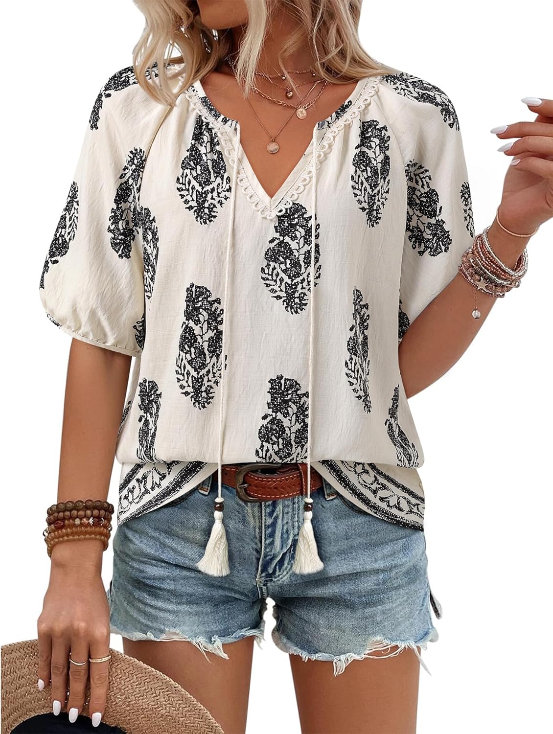 Vivilli Womens Summer Boho Tops Casual V Neck Short Sleeve Blouses Floral Printed Shirt Tie Front Flowy Vacation Clothes
