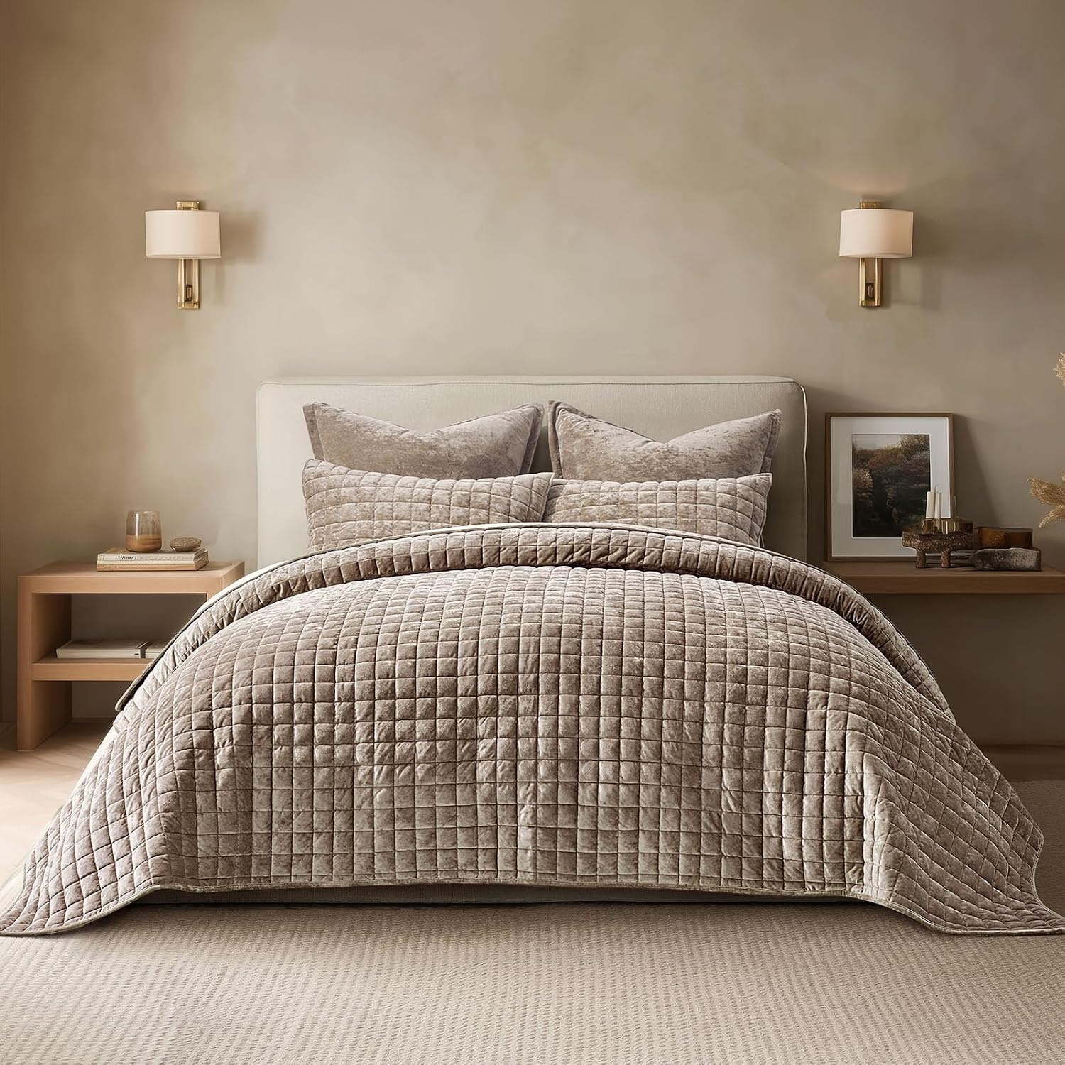 RECYCO Channel Box Stitch Velvet Quilt Set, King Size, Natural Tan | Ultra Soft Lightweight Velvet Comforter, Luxury Oversized Bedspread Coverlet, Quilted Bedding Set for All Season with 2 Shams