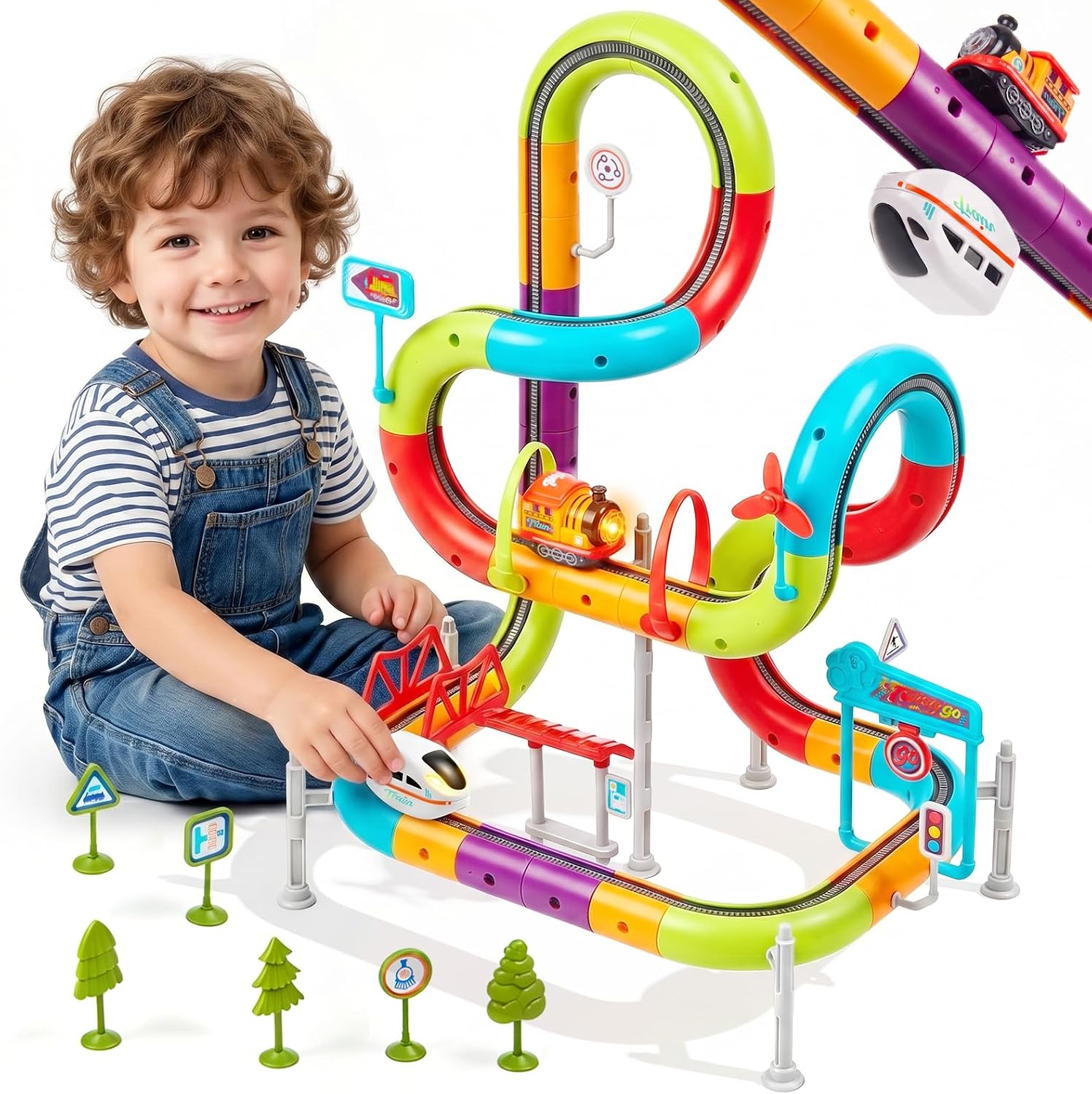 Gleamkid 73PCS Electric Train Set for Kids, Dual-Track Design Flexible Race Track, 1 Train & 1 Subway with Lights and Music, STEM Train Toys, Gravity-Defying Car Track Gift for Boys Girls