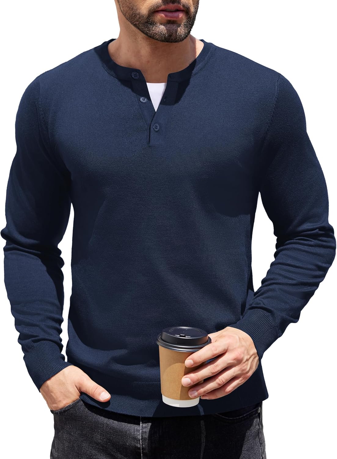 COOFANDY Mens Knit Henley T-Shirts Dress Long Sleeve Sweater Casual Collarless Quarter Button Pullover