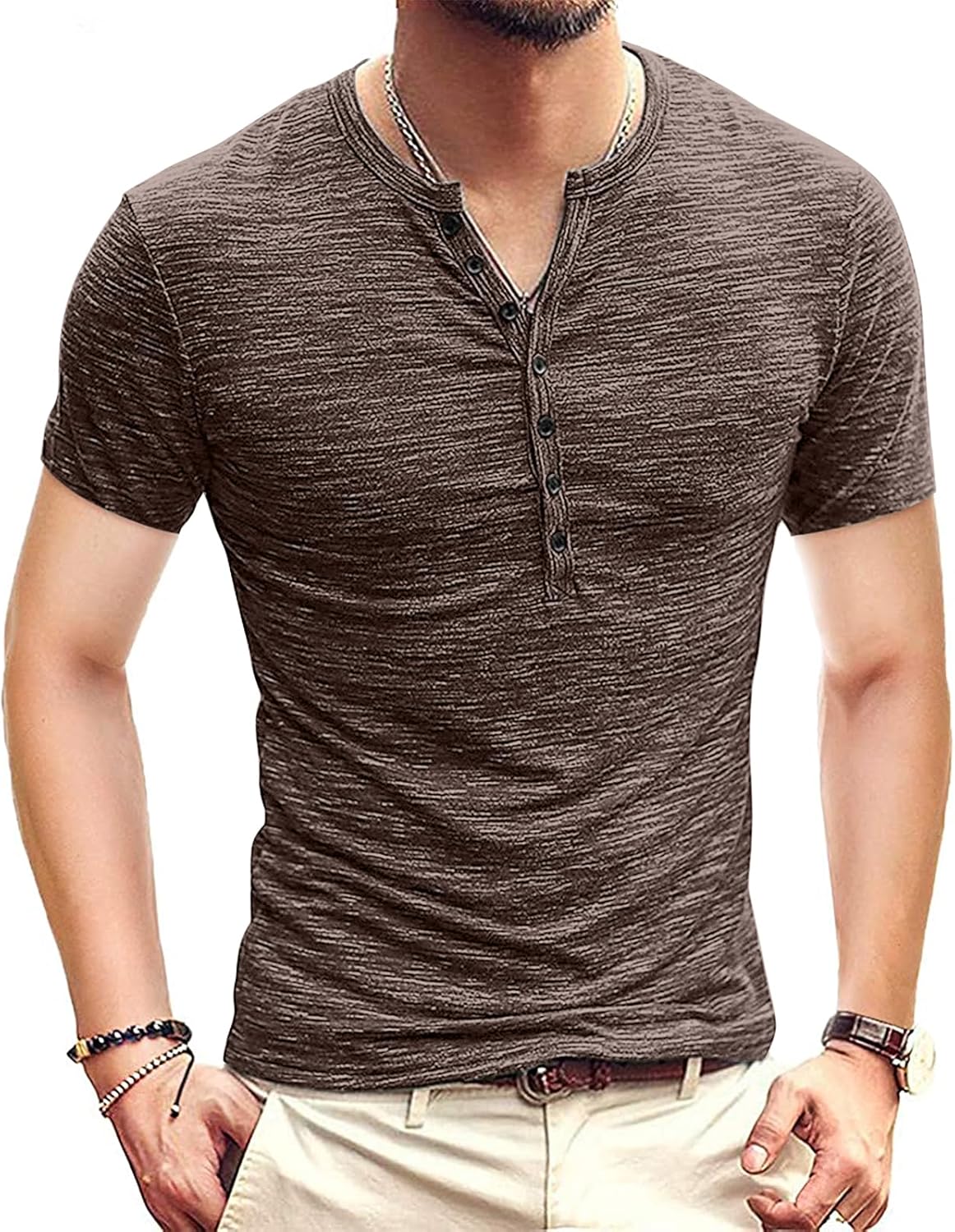 KUYIGO Men Henley Shirts Casual Slim Fit Basic Long Sleeve Fashion T-Shirt | 7-Button Henley Neck, Soft Stretchy Fabric with Texture Pattern, Short Sleeve Summer T Shirt, Long Sleeve Fall Tops