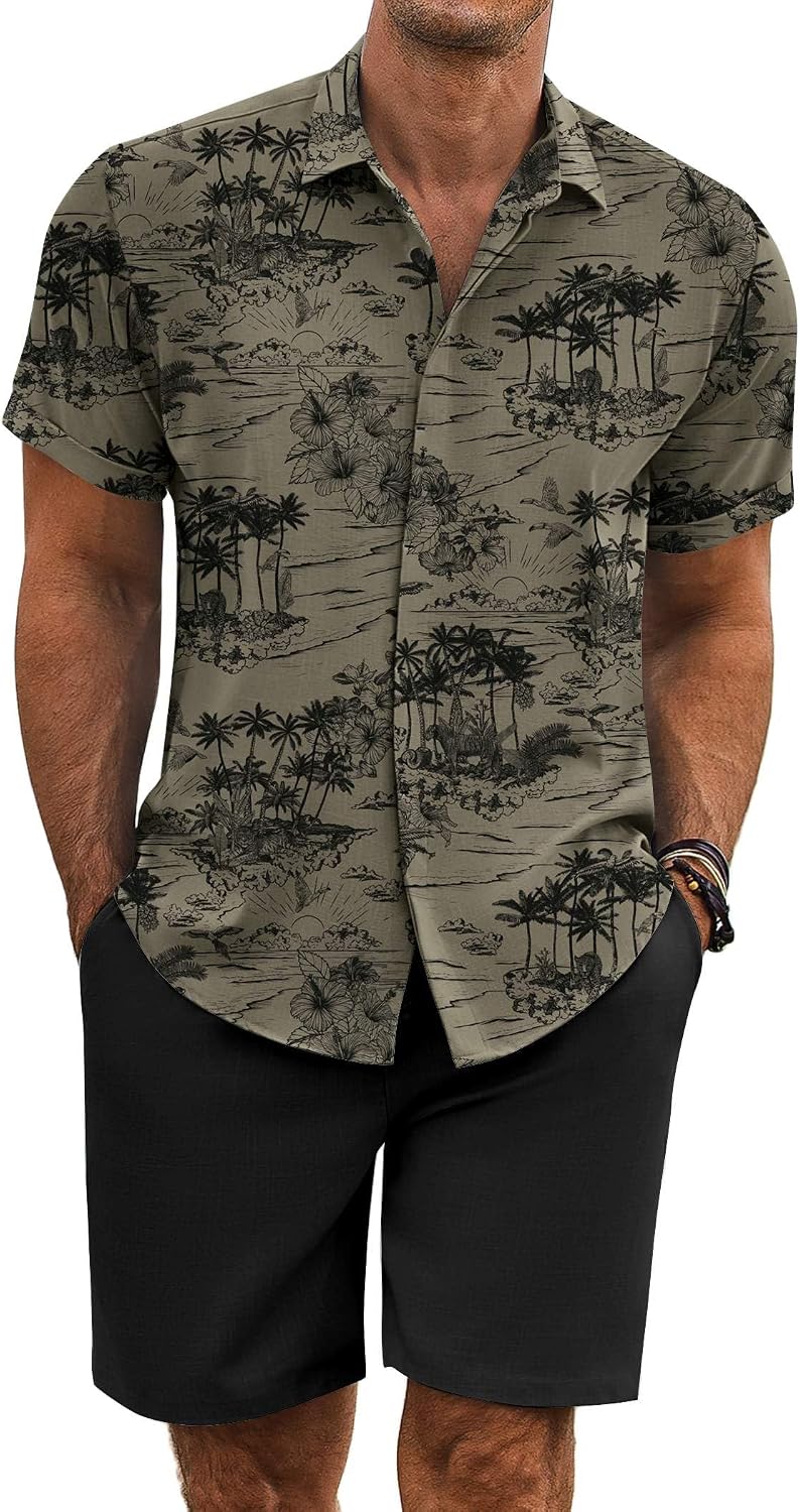COOFANDY Men's Summer Beach Outfits 2 Piece Short Sleeve Shirts and Shorts Vacation Texture Linen Sets for Men