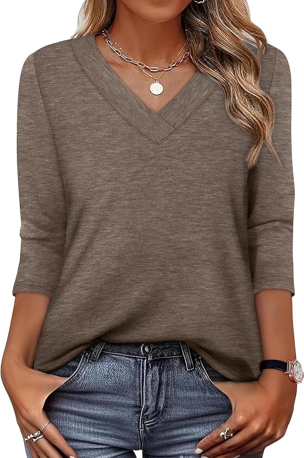 XIEERDUO 3/4 Length Sleeve Womens Tops V Neck T Shirts Summer Clothes Basic Blouses Dressy Casual 2026 Spring Outfits
