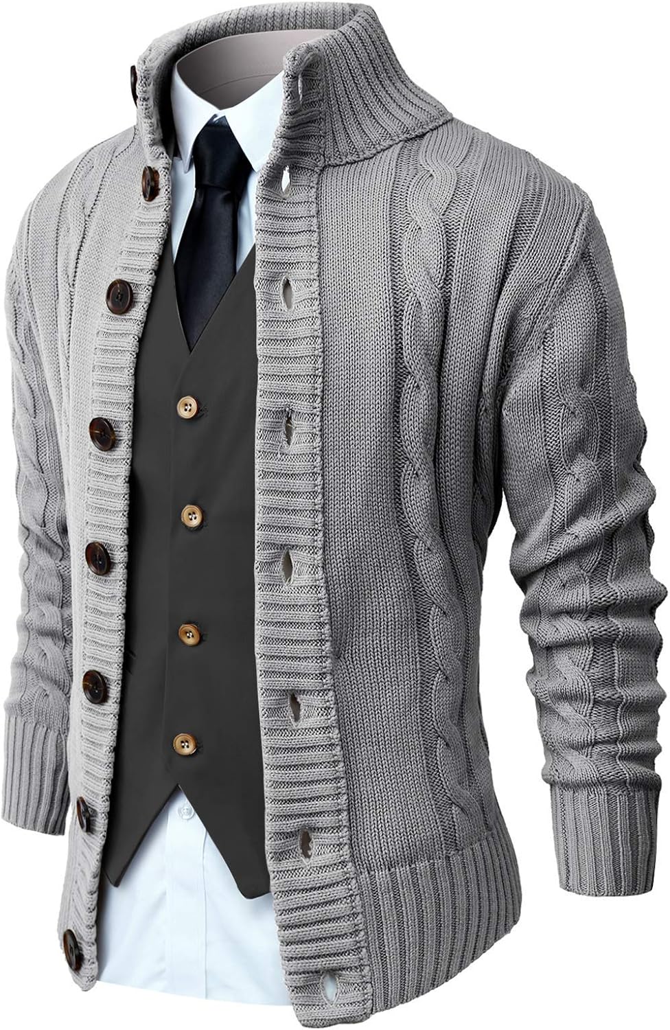 NITAGUT Mens Long Sleeve Stand Collar Cardigan Sweaters Button Down | Cable Knit Sweater for Winter, Slim Fit, Vintage Solid Tones, Office Business Outdoor, Ideal Gift