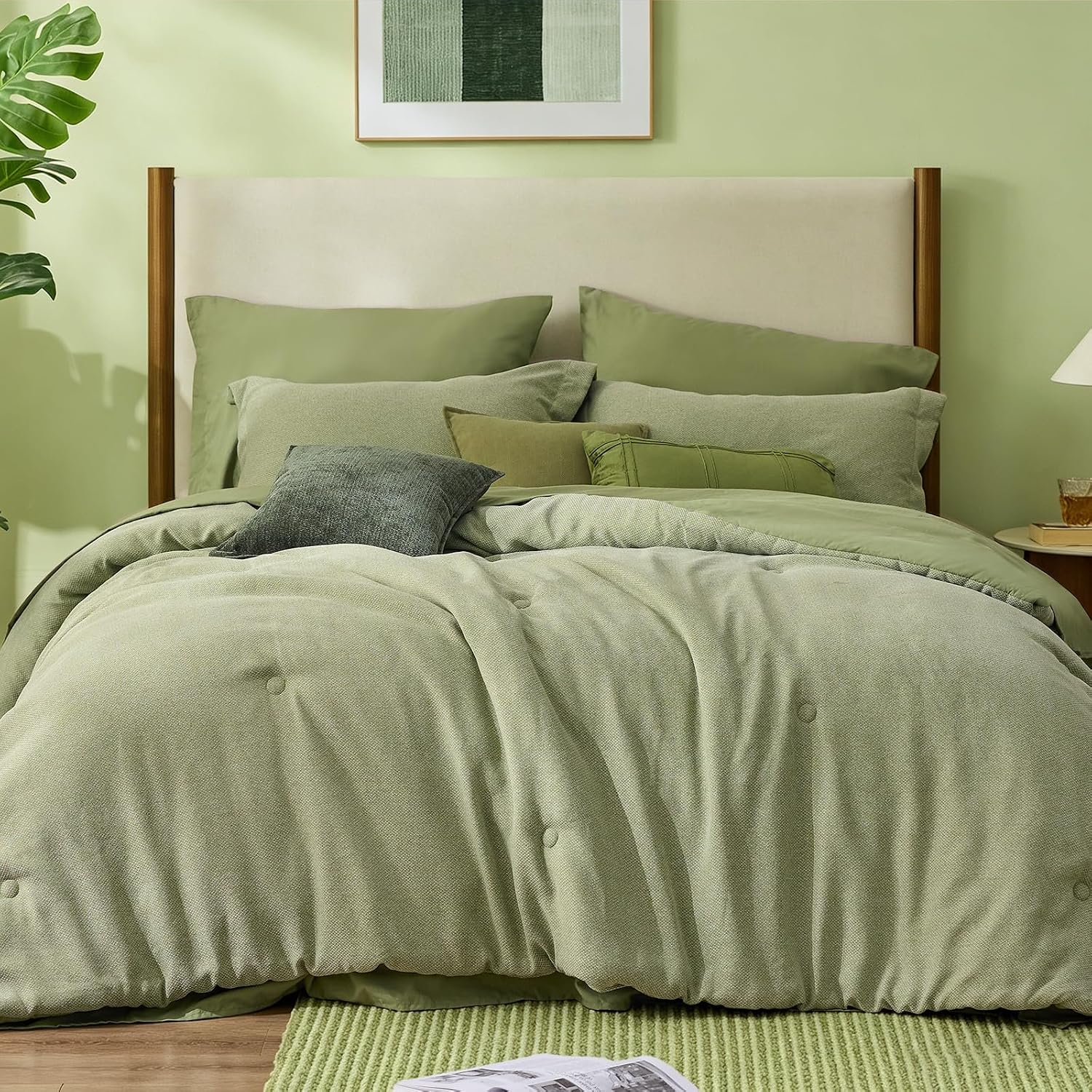BEDELITE Queen Comforter Set, 7 Pieces Linen-Like Texture Bed in A Bag | Luxury All Season Comforters & Sheet Set, Pillowcases & Shams, Soft Cozy Cationic Dyeing Bedding, Green