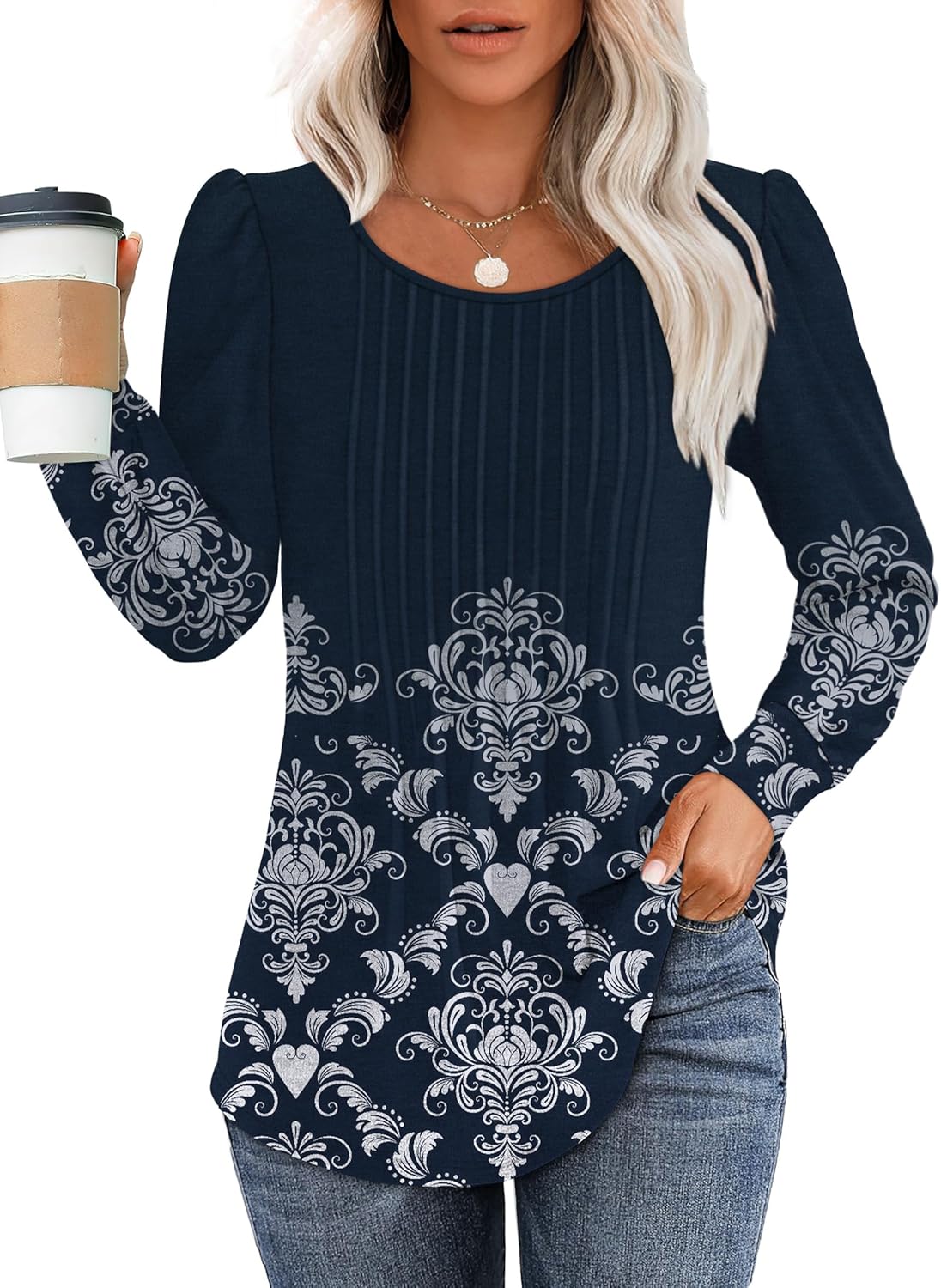 OFEEFAN Long Sleeve Shirts for Women Fall Tops Dressy Casual Blouses Pleated Scooped Neck Tunic Tops for Leggings