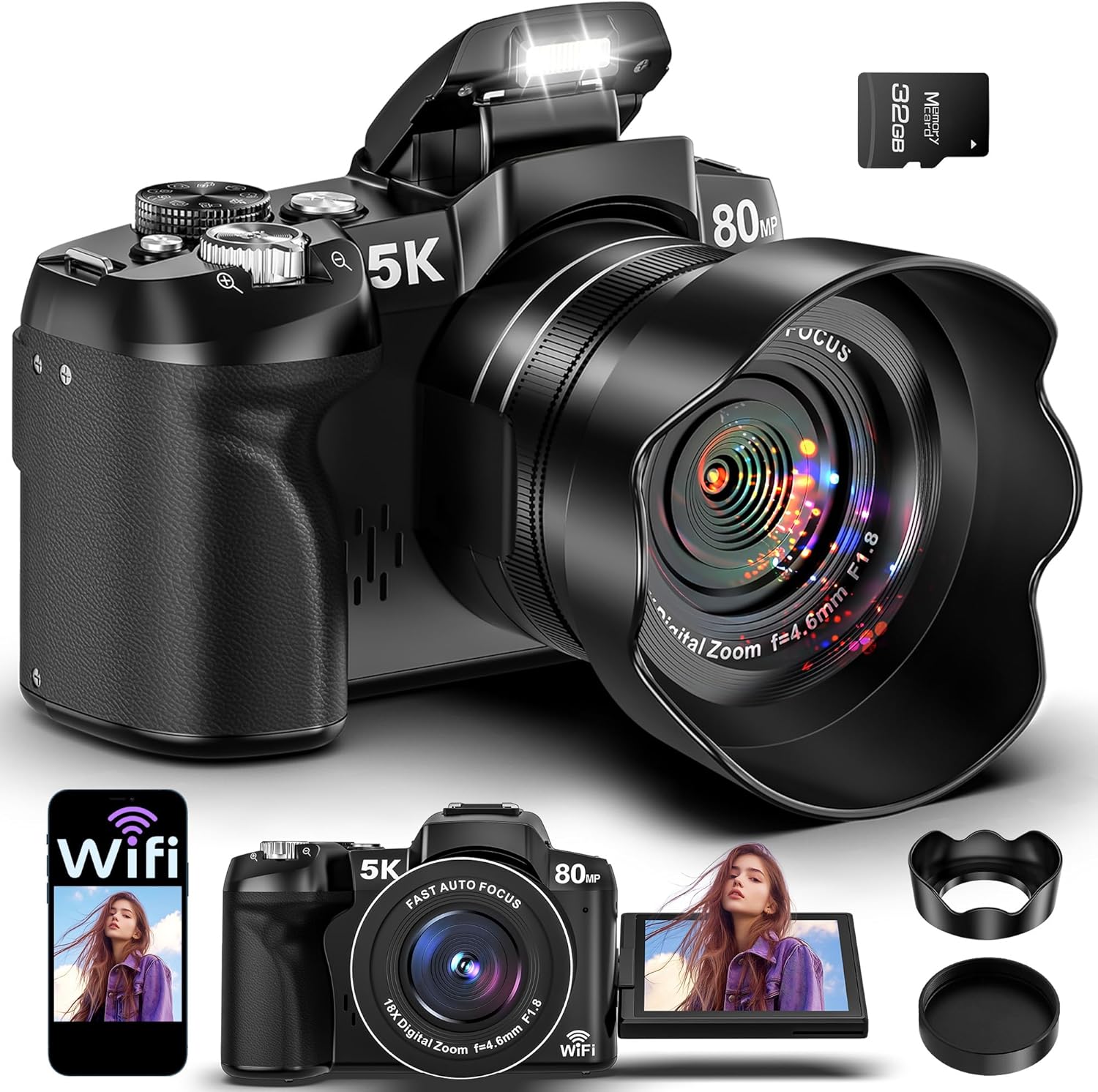 5K Digital Camera - 80MP WiFi Cameras for Photography - Fast Autofocus Vlogging Camera for YouTube - UHD Video Camara for Beginner Travel with 3" 270° Flip Screen, 18X Zoom, Memory Card, Lens Hood