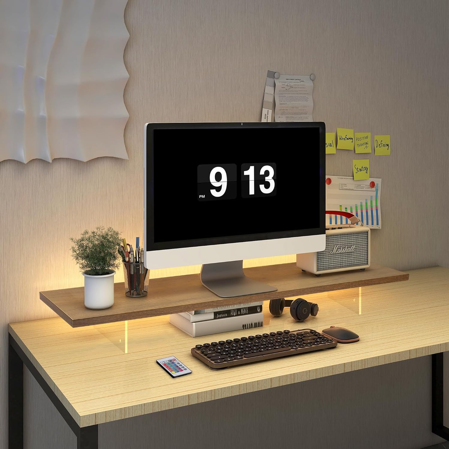 Monitor Stand Riser,Wood & Acrylic Computer Monitor Stand with LED Strip Light,Desk Accessories Desktop Organizer Stand for Computer,Laptop,Printer,PC & TV Screen