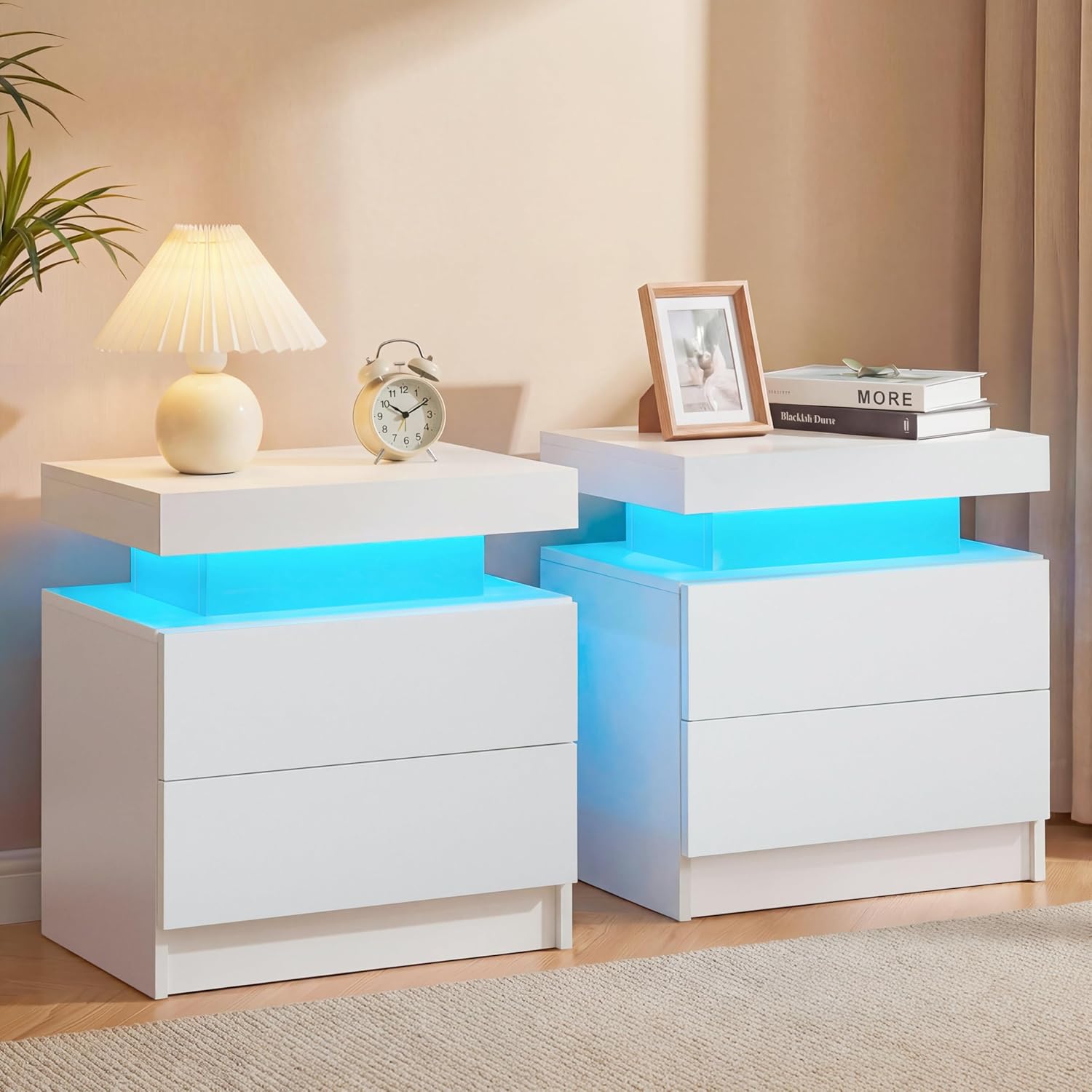 White Modern LED Nightstand Set of 2 with 2 Wood Drawer for Bedroom | Nightstands with App-Controlled RGB LED Lights, Night Stand with Storgae Drawer, Modern Bedside Table for Bedroom