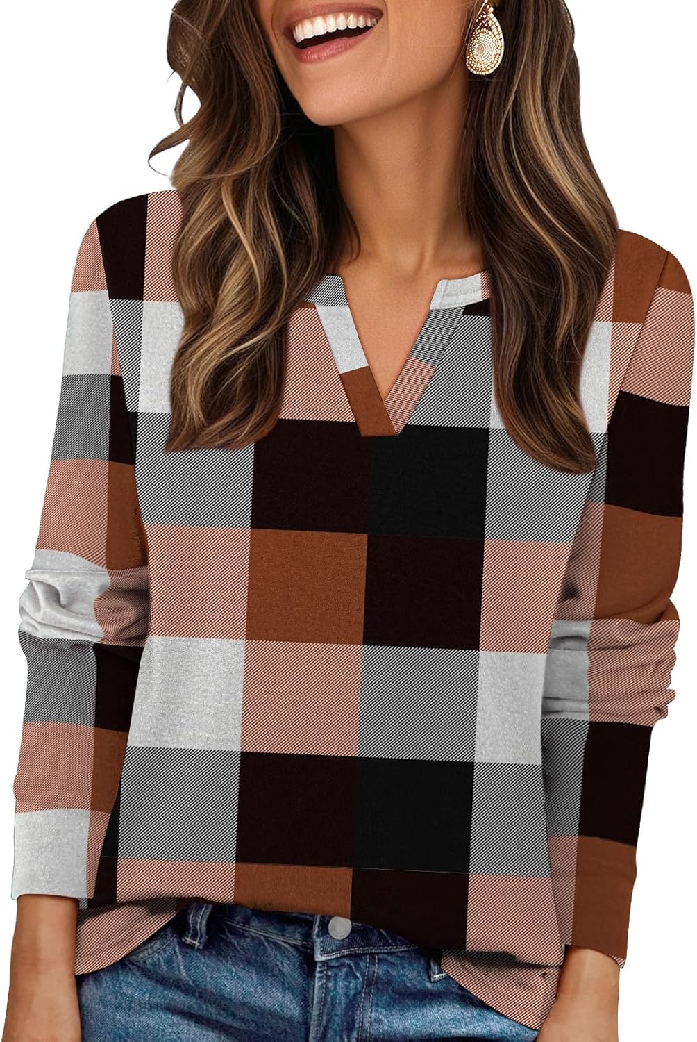 Gloria&Sarah Womens Casual Plaid Long Sleeve Shirts V Neck Fleece Tops Fall Winter Outfits