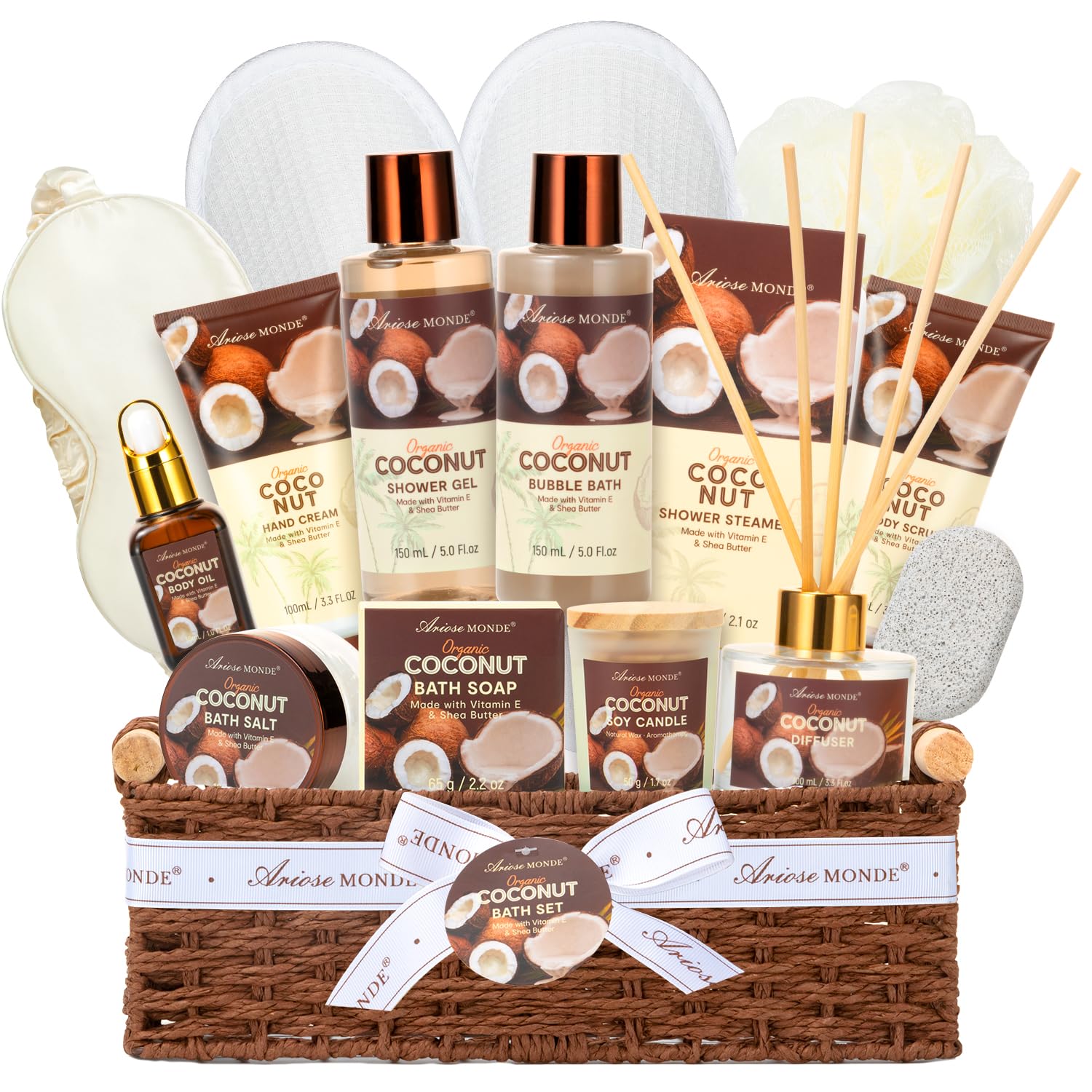 Spa Gift Basket for Women, Coconut Bath and Body Gift Basket with Shower Steamers, Scented Candle, Luxury Bath Gift Set for Mothers Day, Valentines Day, Birthday, Unisex Gift for Women, Men