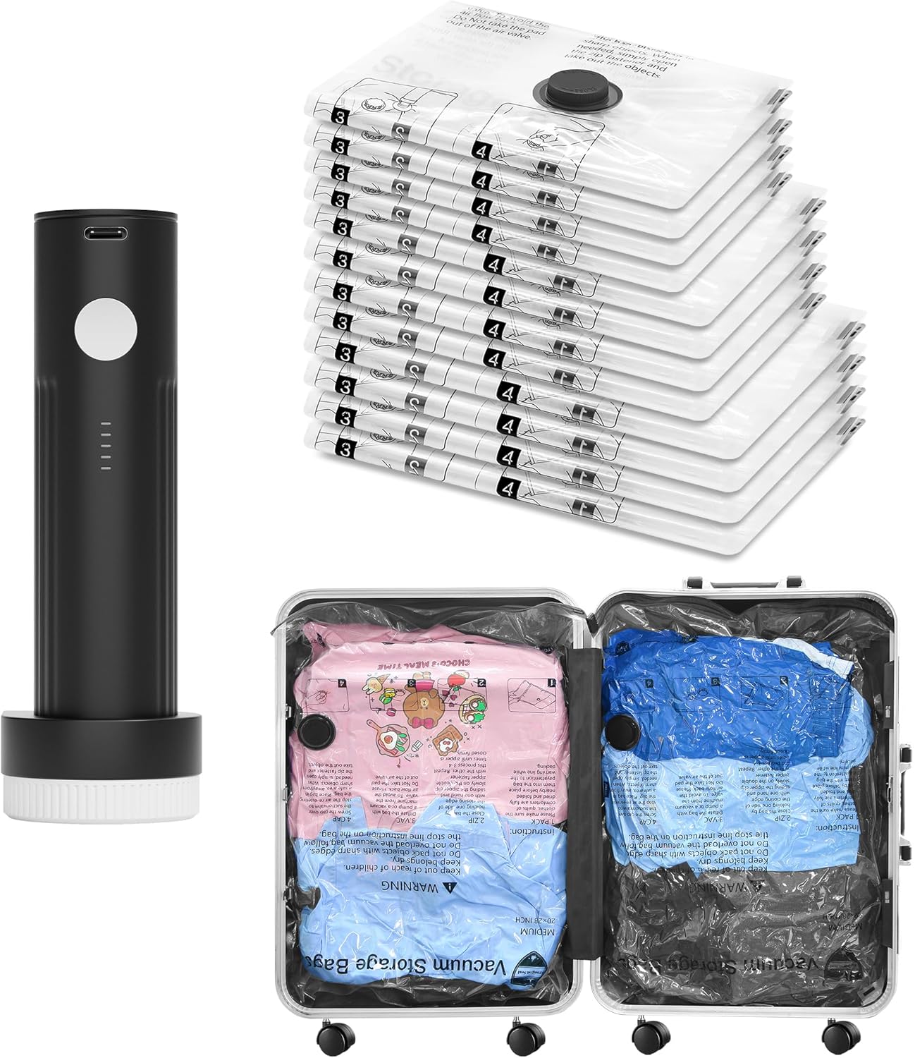 Vacuum Seal Bags for Clothing Travel and Home Storage, Travel Vacuum Bags with Electric Pump, Space Saver Compression Packing Cubes for Luggage Suitcase Bedding Blankets Clothes, 12 Combo