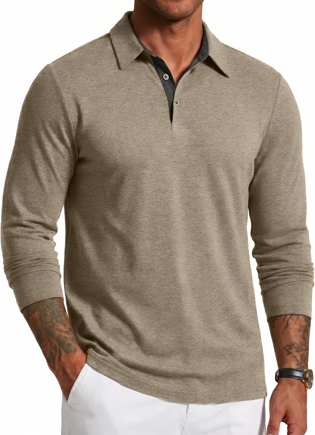 COOFANDY Mens Long Sleeve Polo Shirts Button Casual Tee Collared Work Pullover Shirts