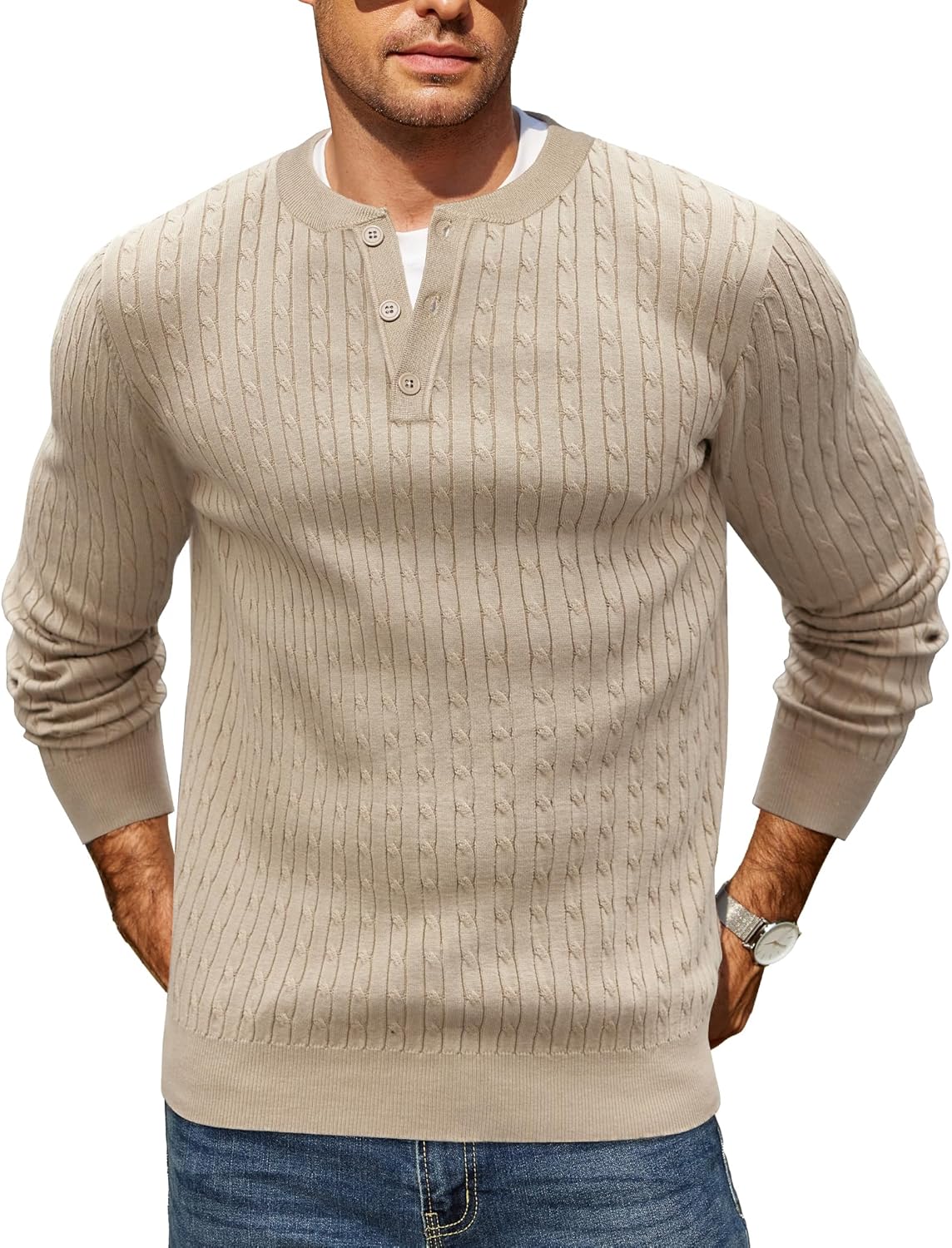 COOFANDY Men's Knit Henley Sweater Long Sleeve Button Down Fall Sweaters and Pullovers
