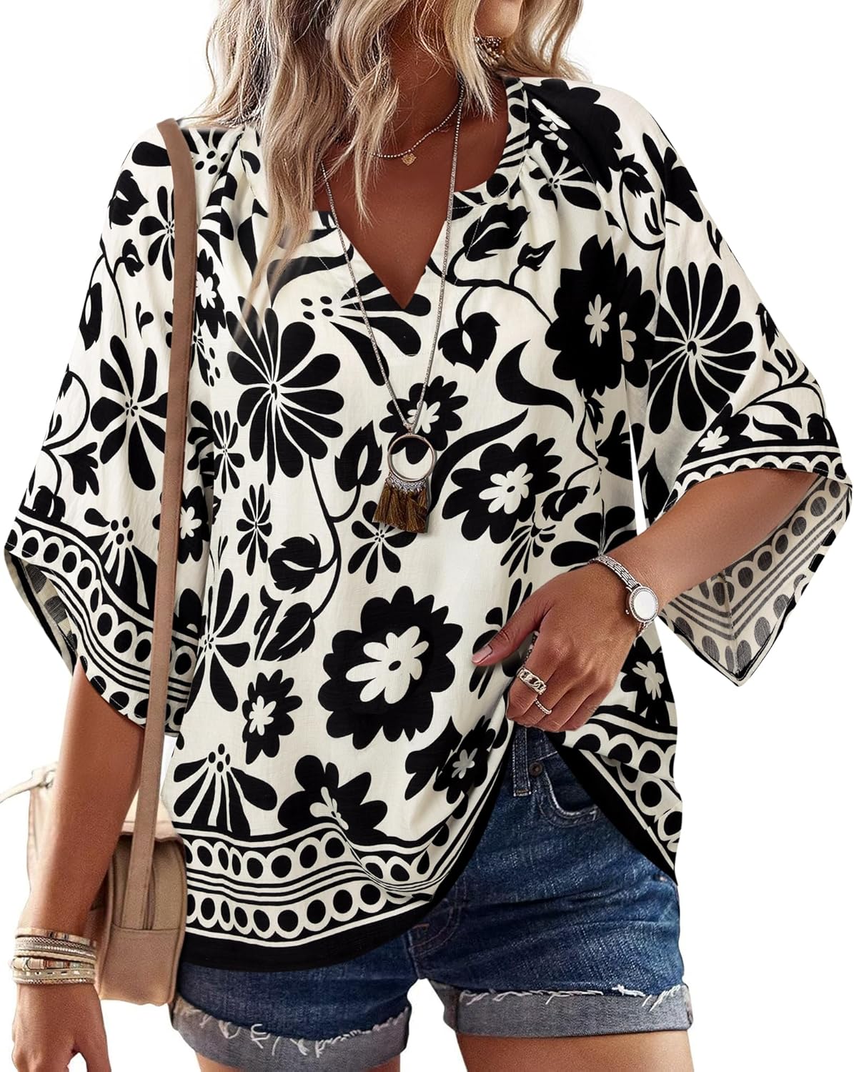 Bebonnie Womens 3/4 Sleeve V Neck Bohemian Peasant Blouses Casual Loose Fit Tunic Tops