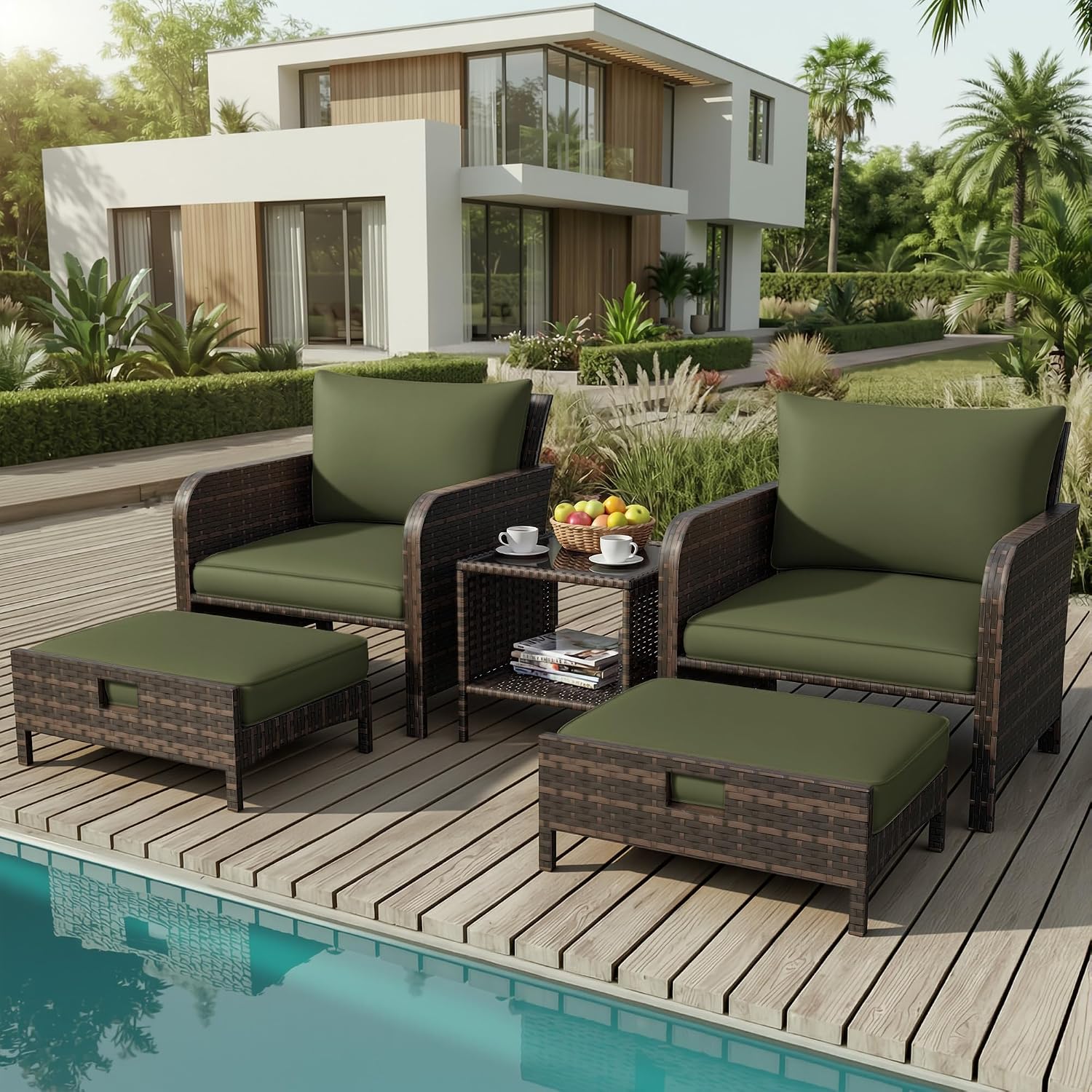 Patio Conversation Set 5 Piece, Balcony Furniture Outdoor PE Rattan Wicker Lounge Chairs with Soft Cushions, 2 Ottomans & Glass Table for Porch Lawn, Brown (Army Green Cushions