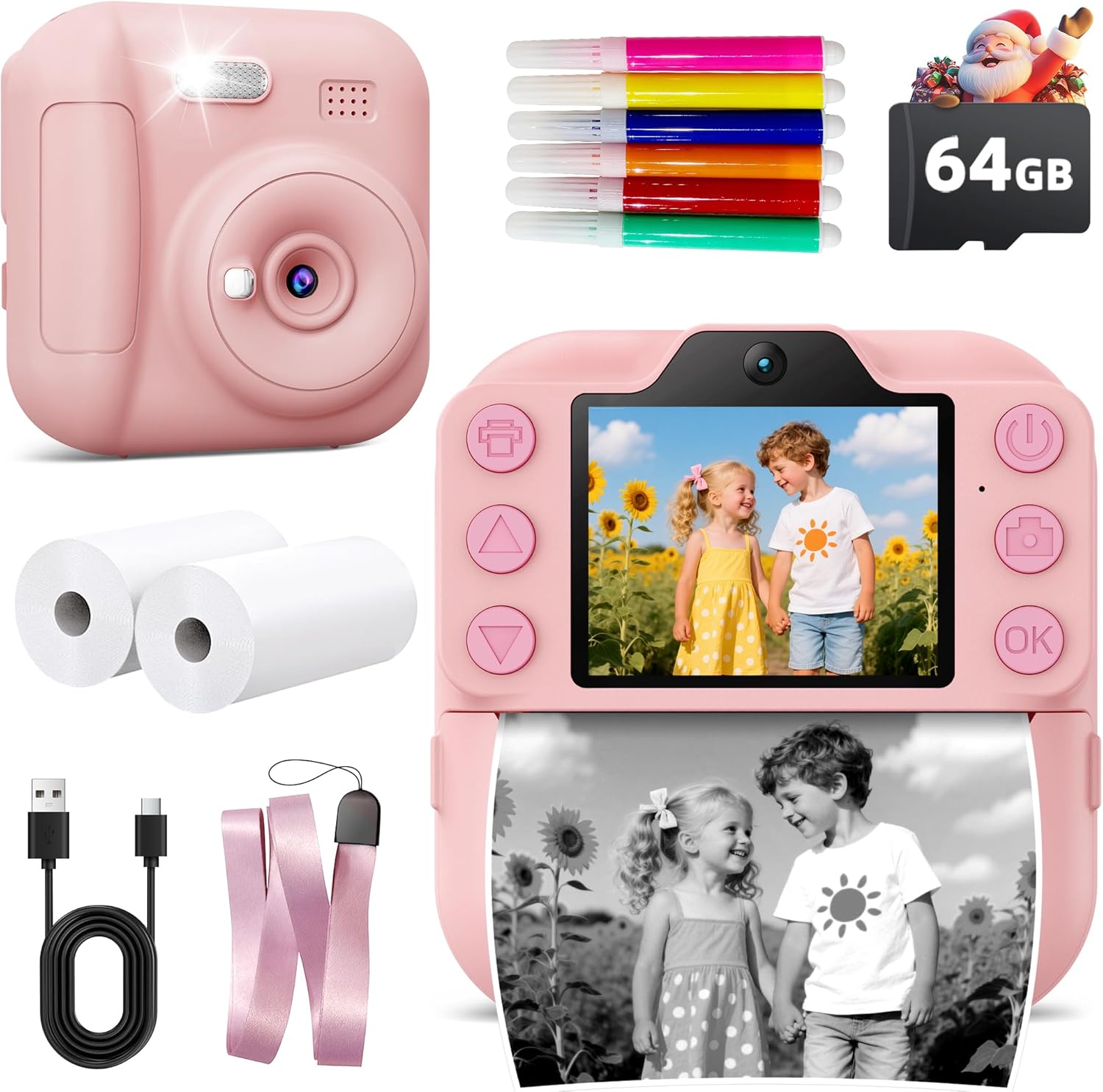 Kids Instant Camera with 64GB SD Card, Portable Digital Camera Toy for Girls and Boys Ages 3-12, Toddler Christmas and Birthday Gift for 3 4 5 6 7 8 9 10 Year Old Kids