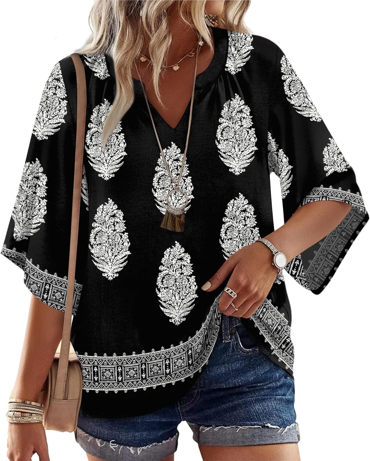 WIHOLL Boho Tops for Women Summer Spring 3/4 Sleeve Dressy Fashion V Neck Casual 2026 Business Beach Plus Size Resort Blouses