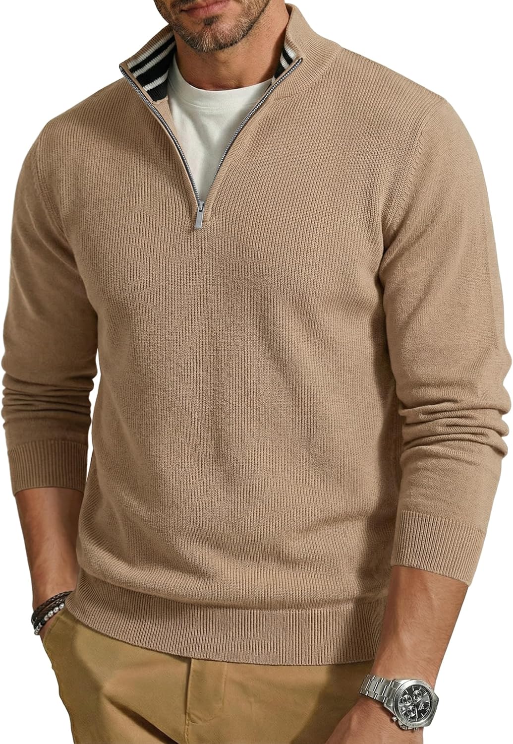 COOFANDY Quarter Zip Pullover Men Slim Fit Stretchy Ribbed 1/4 Zip Sweaters Business Casual Sweater