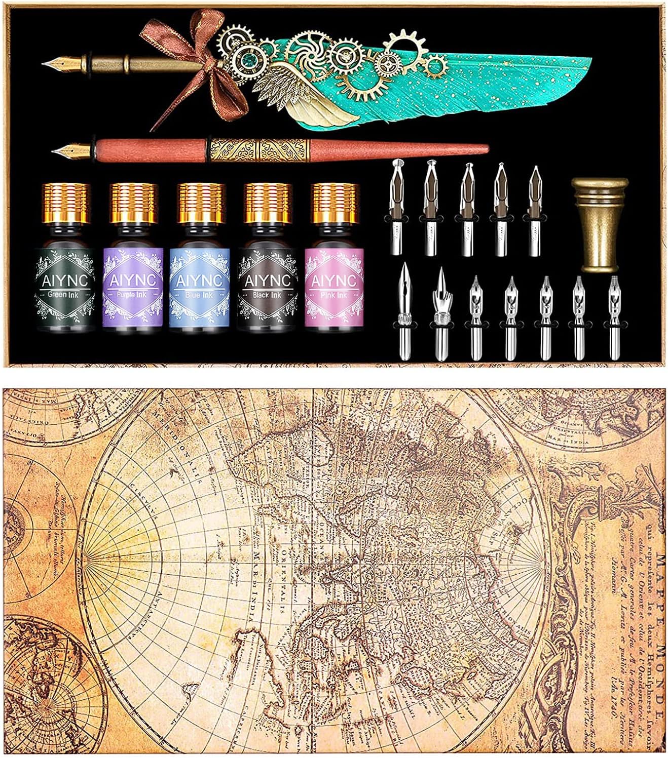 Feather Calligraphy Pen Ink Set, Mechanical Feather Pen and Wooden Dip Pen, 5 Colors of Ink, 12 Replacement Nibs, Pen Holder, Envelope and Letter Paper (Green)
